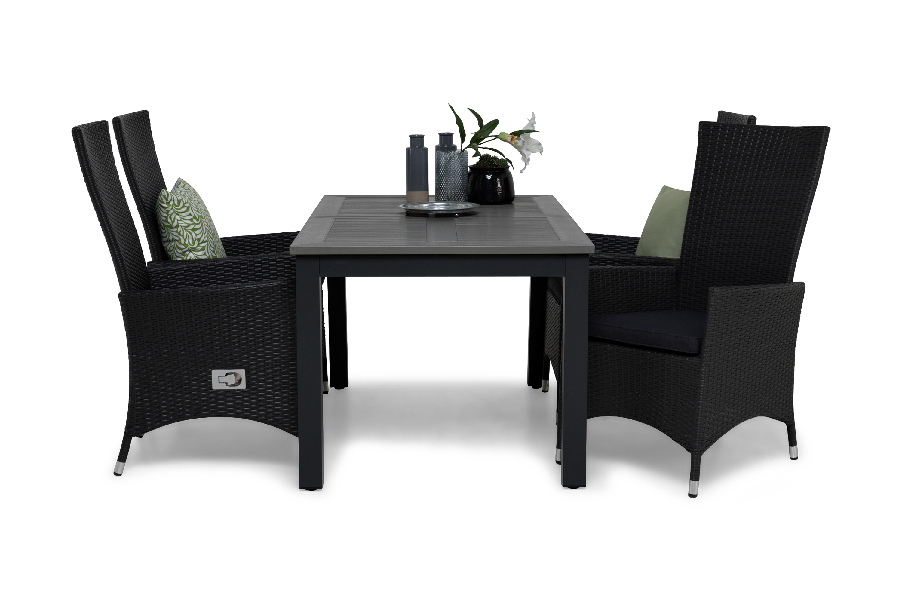 matgrupp utomhus monaco 152-210 + 4 jenny ställbar fåtölj m dyna - svartgrå