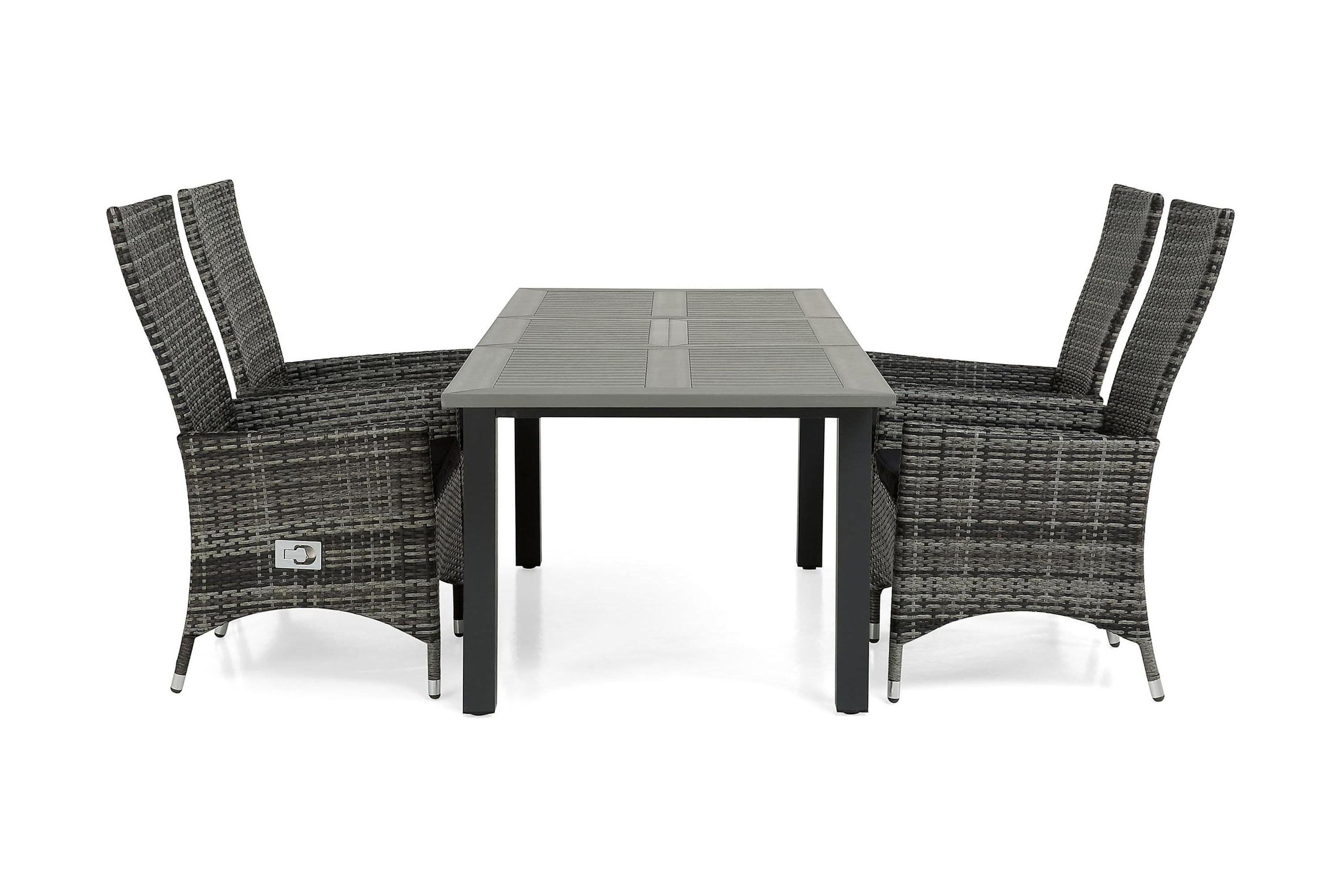 matgrupp utomhus monaco 152-210 + 4 jenny ställbar fåtölj - svartgrå