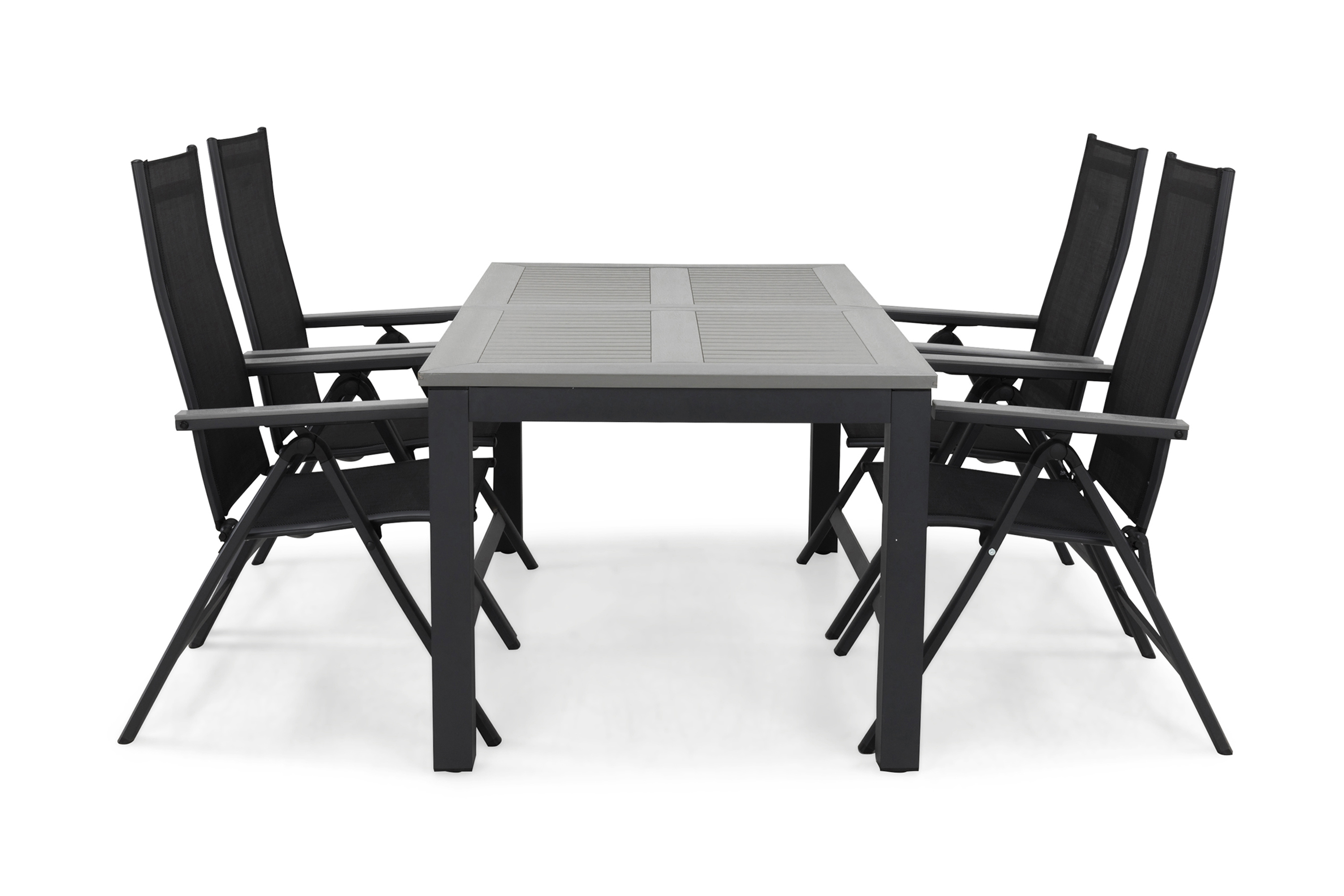 matgrupp utomhus monaco 152-210 + 4 positionsstol - svartgrå
