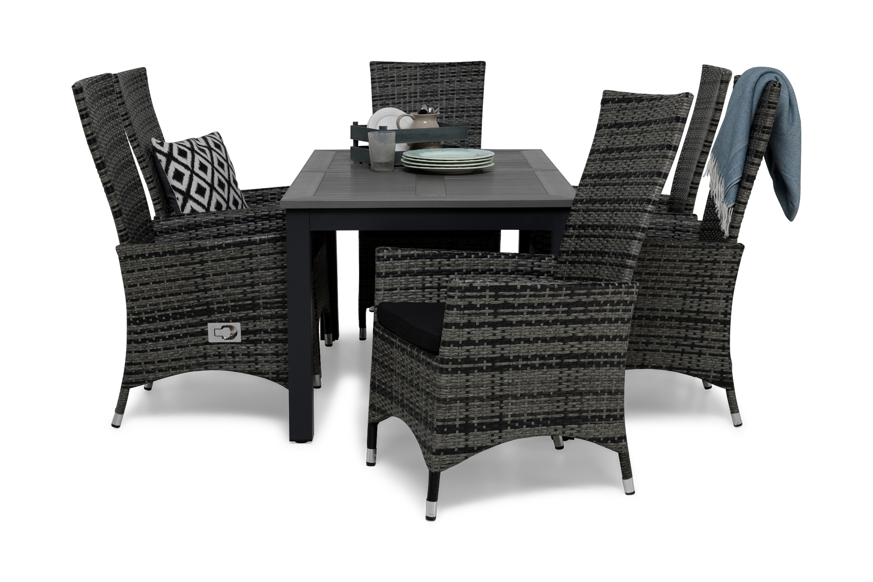 matgrupp utomhus monaco 152-210 + 6 jenny ställbar fåtölj m dyna - gråsvart