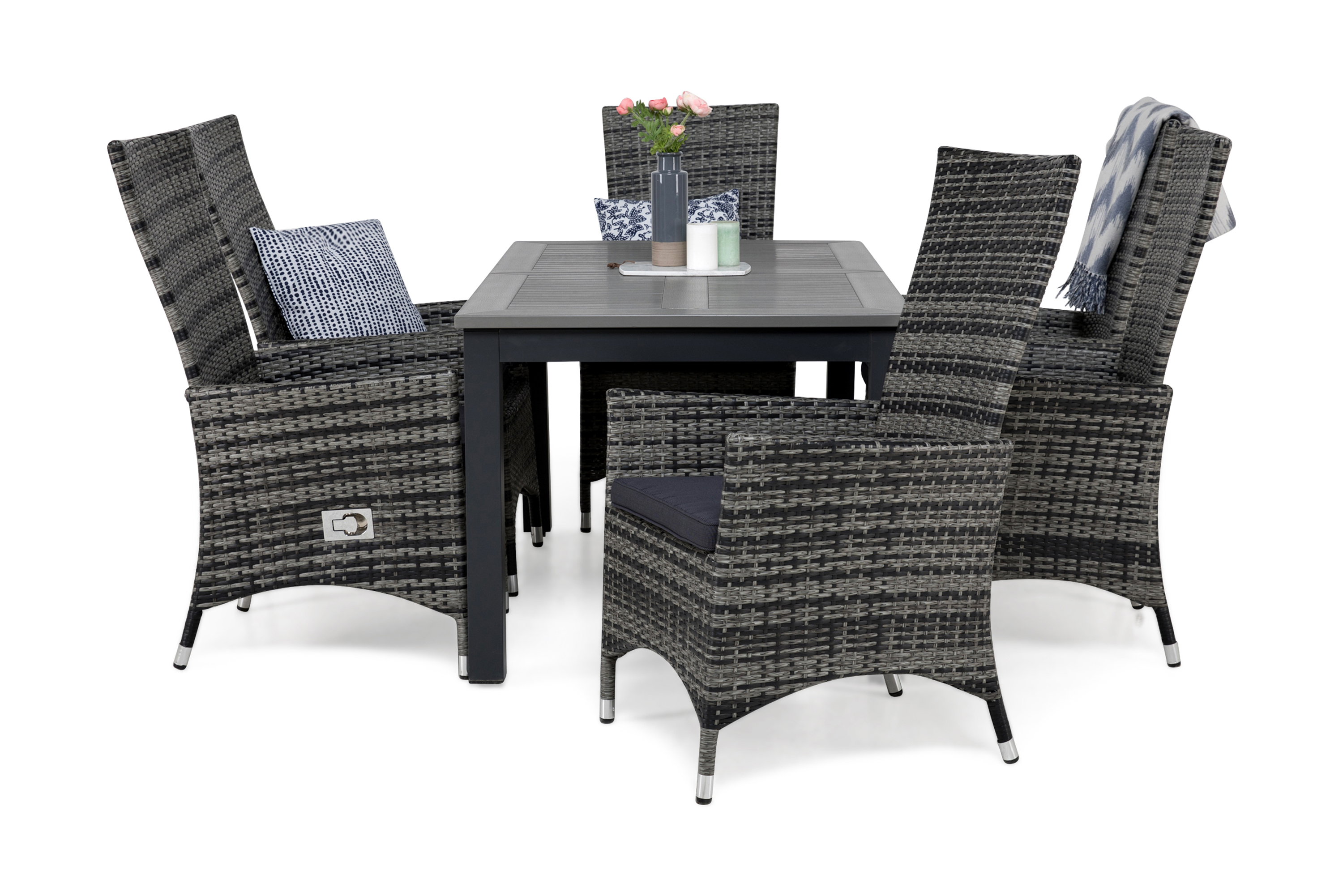matgrupp utomhus monaco 152-210 + 6 jenny ställbar fåtölj m dyna - svartgrå