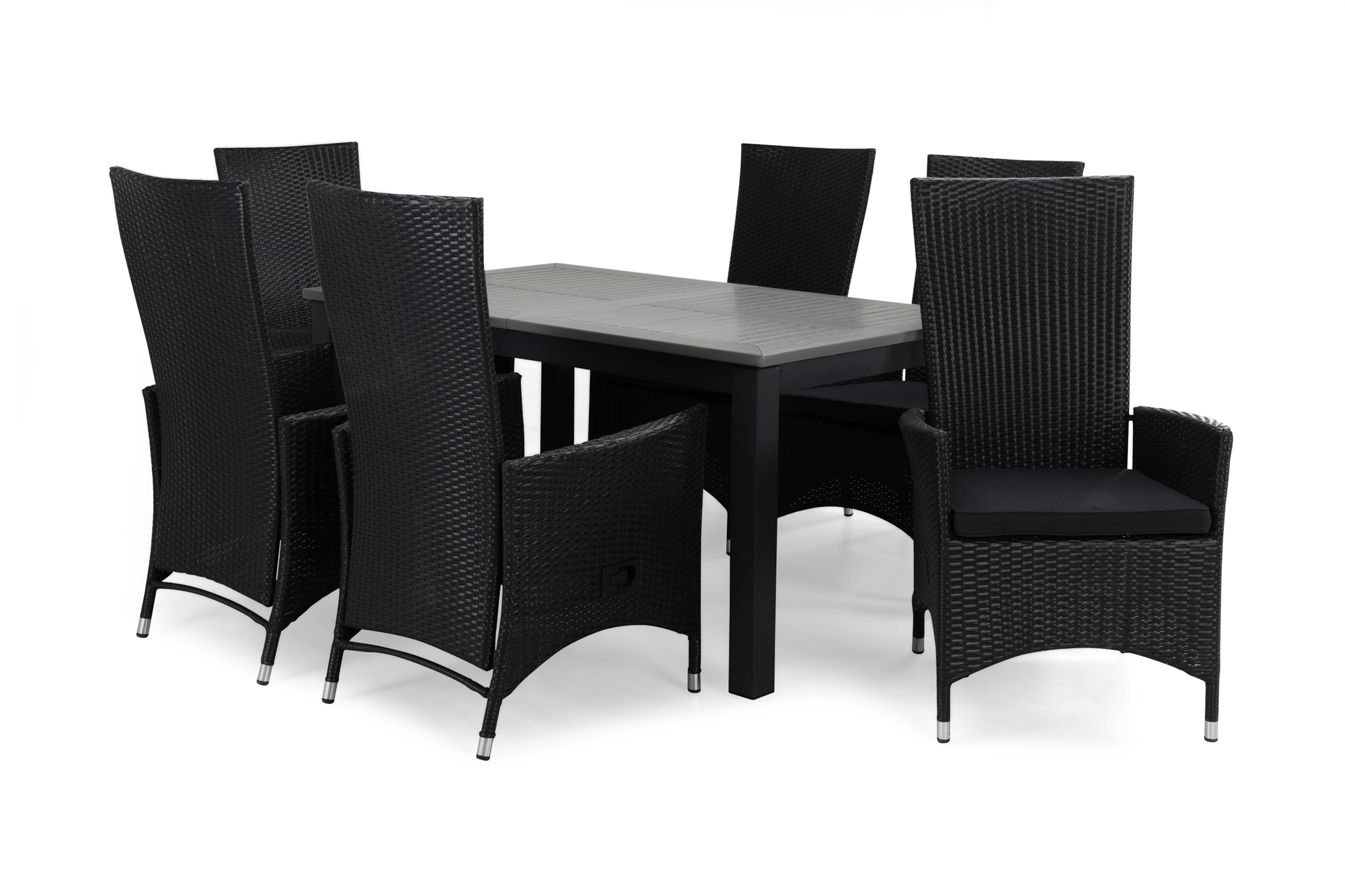 matgrupp utomhus monaco 152-210 + 6 jenny ställbar fåtölj m dyna - svartgrå