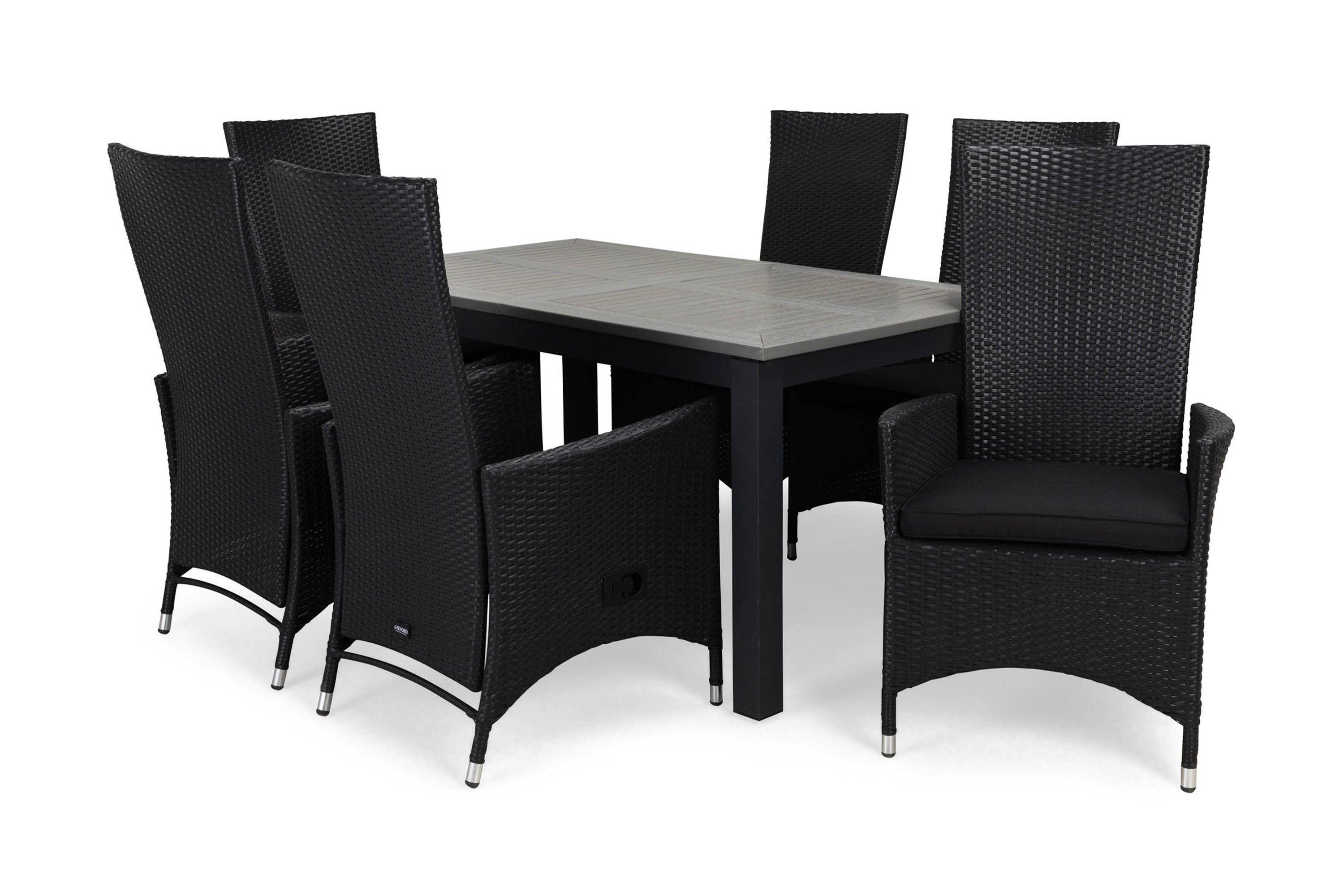 matgrupp utomhus monaco 152-210 + 6 jenny ställbar fåtölj m dyna - svartsvartsvart