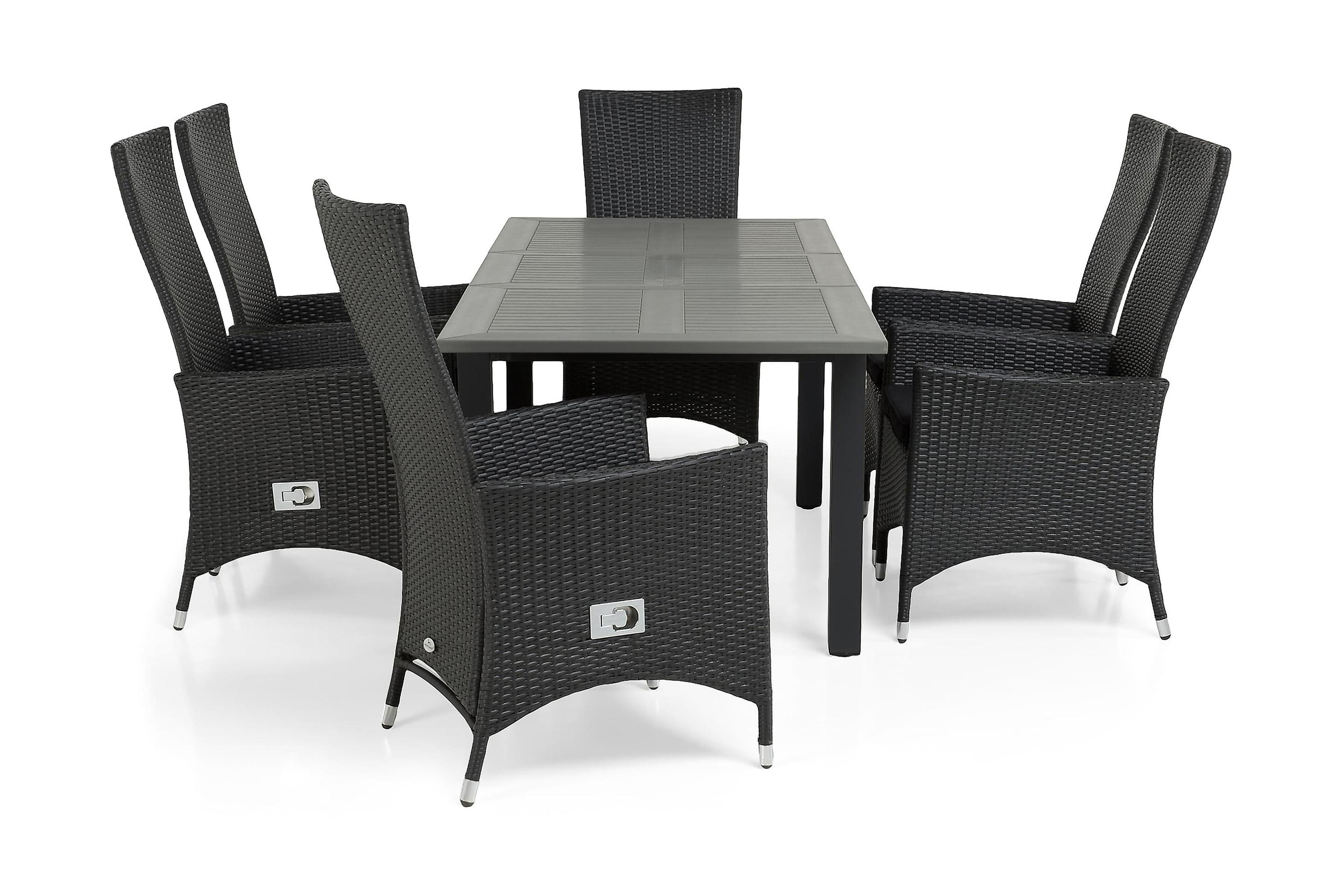 matgrupp utomhus monaco 152-210 + 6 jenny ställbar fåtölj - svart