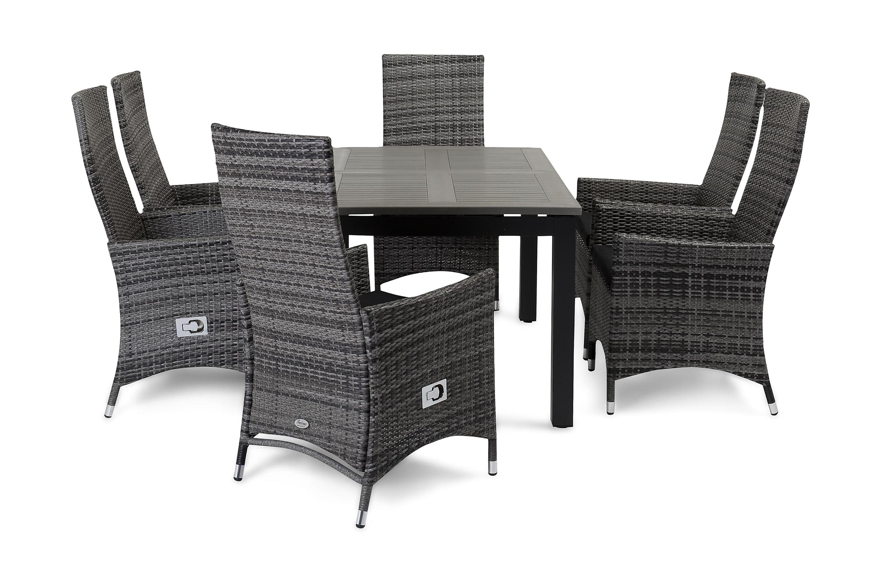 matgrupp utomhus monaco 152-210 + 6 jenny ställbar fåtölj - svartgrå