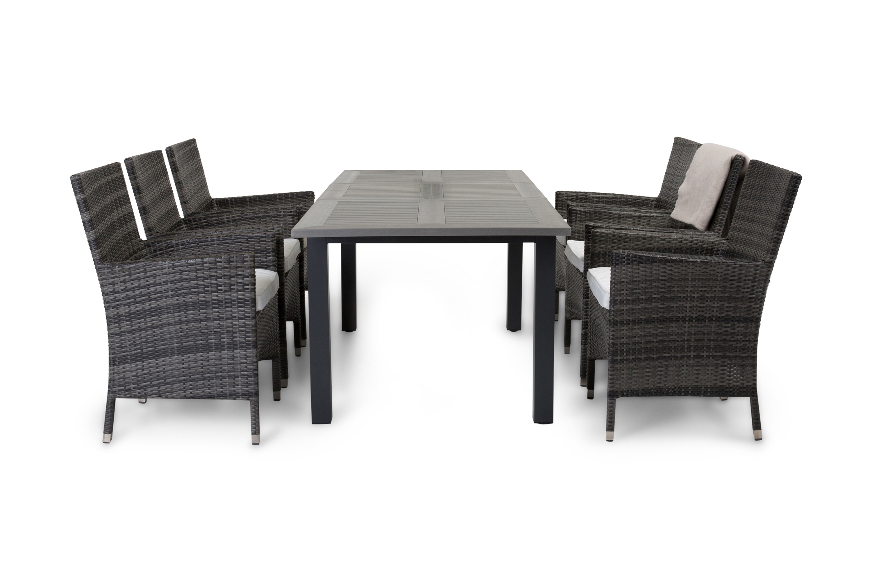 matgrupp utomhus monaco 152-210 + 6 thor fåtölj - svartgrå