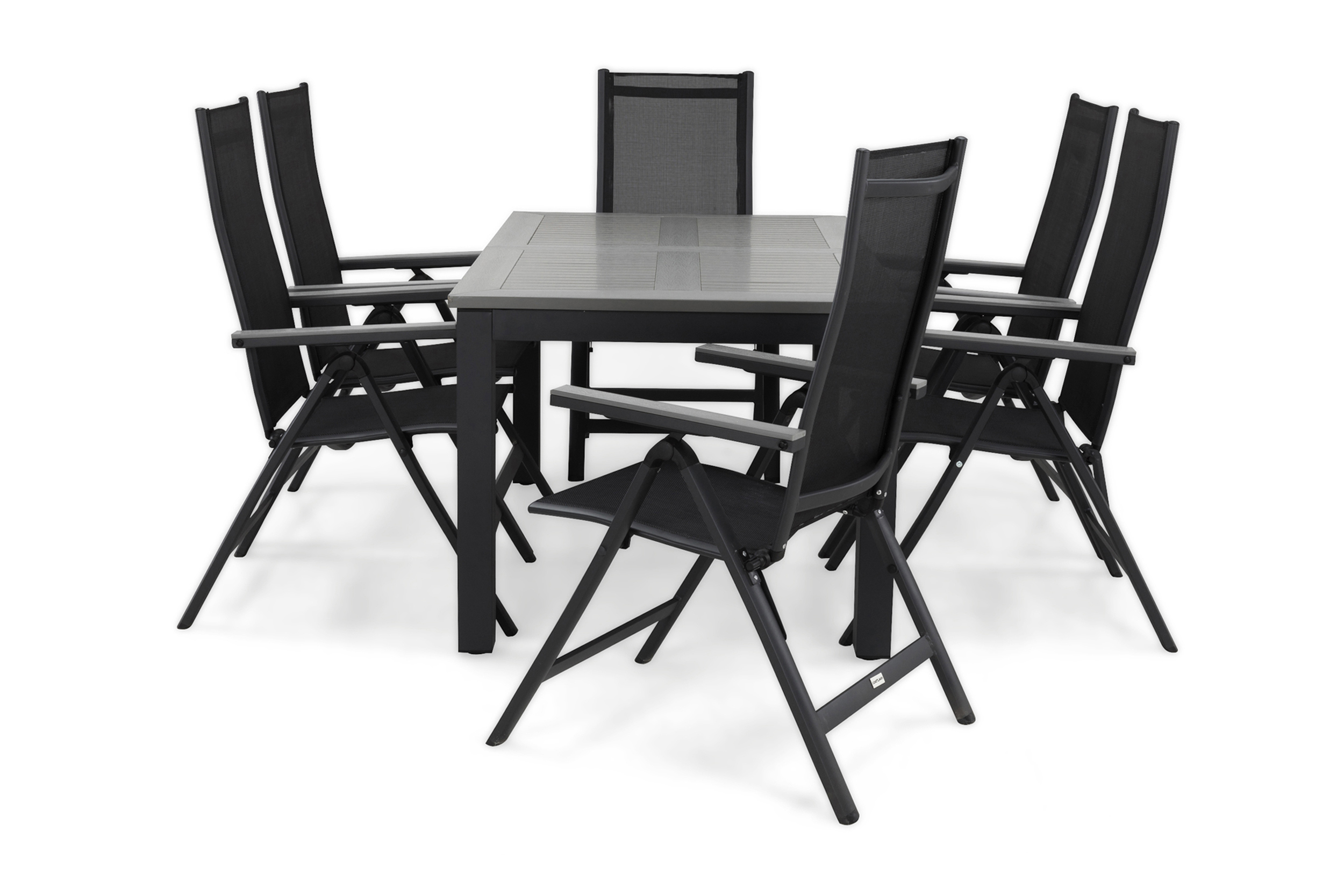 matgrupp utomhus monaco 152-210 + 6 positionsstol - svartgrå