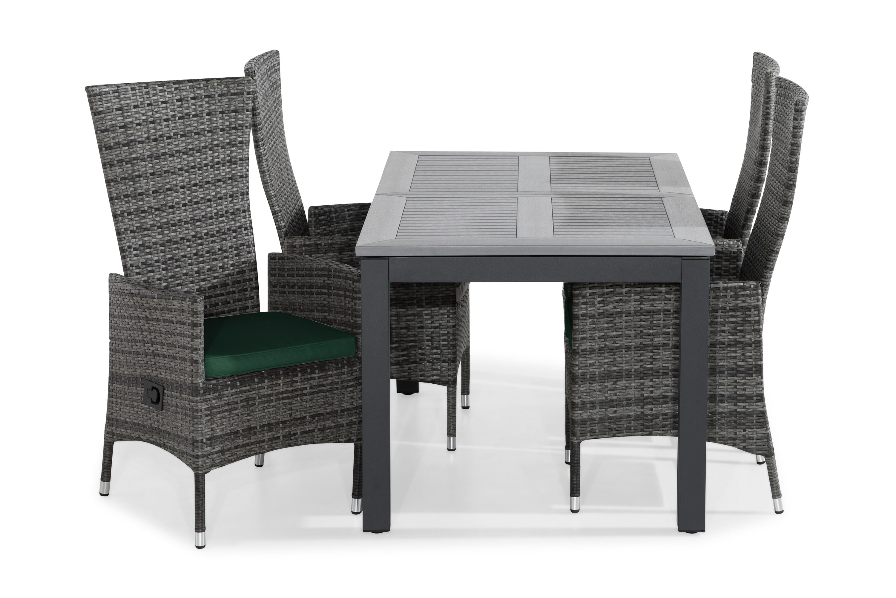 matgrupp utomhus monaco 152-210x90 + 4 jenny fåtölj ställbar m dyna - svartgrågrön