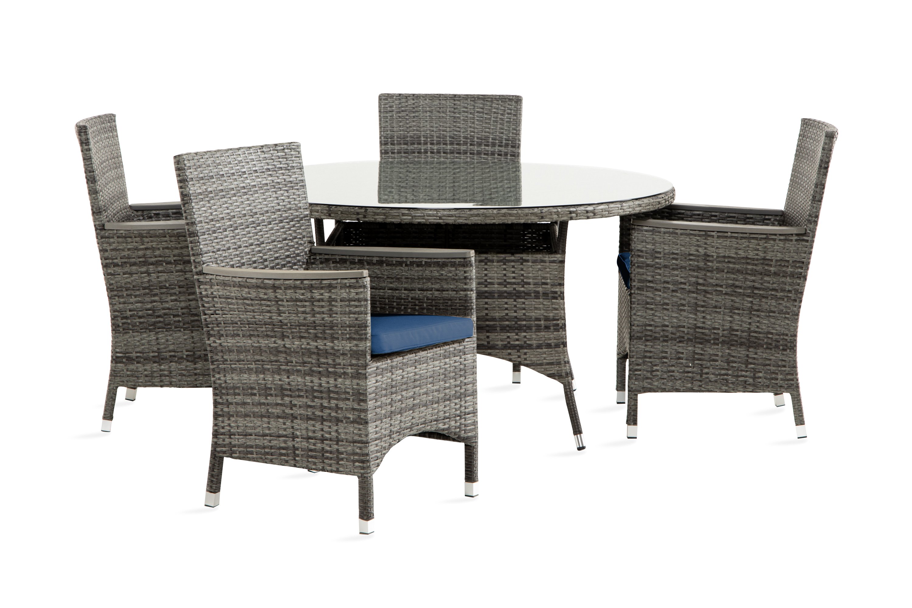 matgrupp utomhus thor 140 rund + 4 thor lyx stol m armledare m dyna - gråaintwoodblå