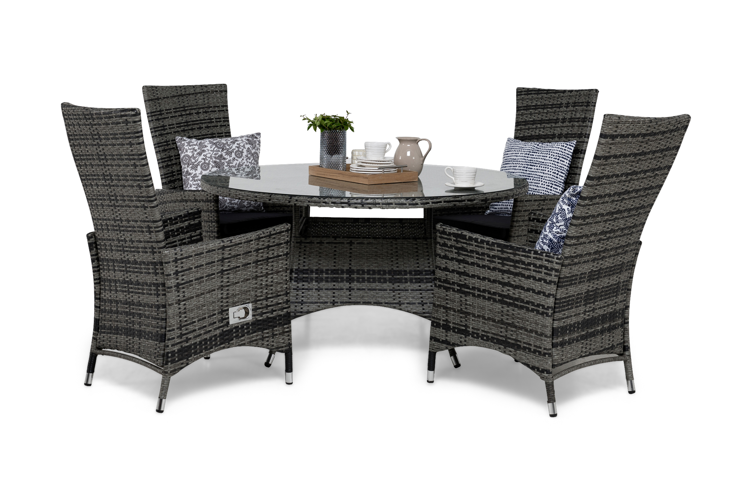 matgrupp utomhus thor ø140 + 4 jenny ställbar fåtölj m dyna - grå