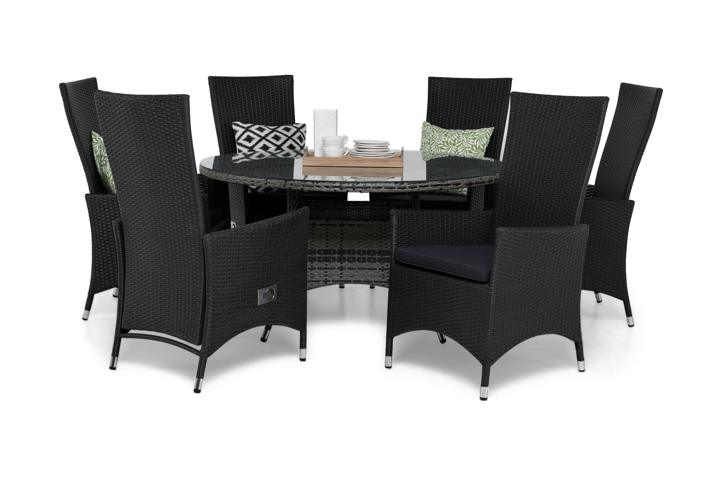 matgrupp utomhus thor ø140 + 6 jenny ställbar fåtölj m dyna - svartgrå