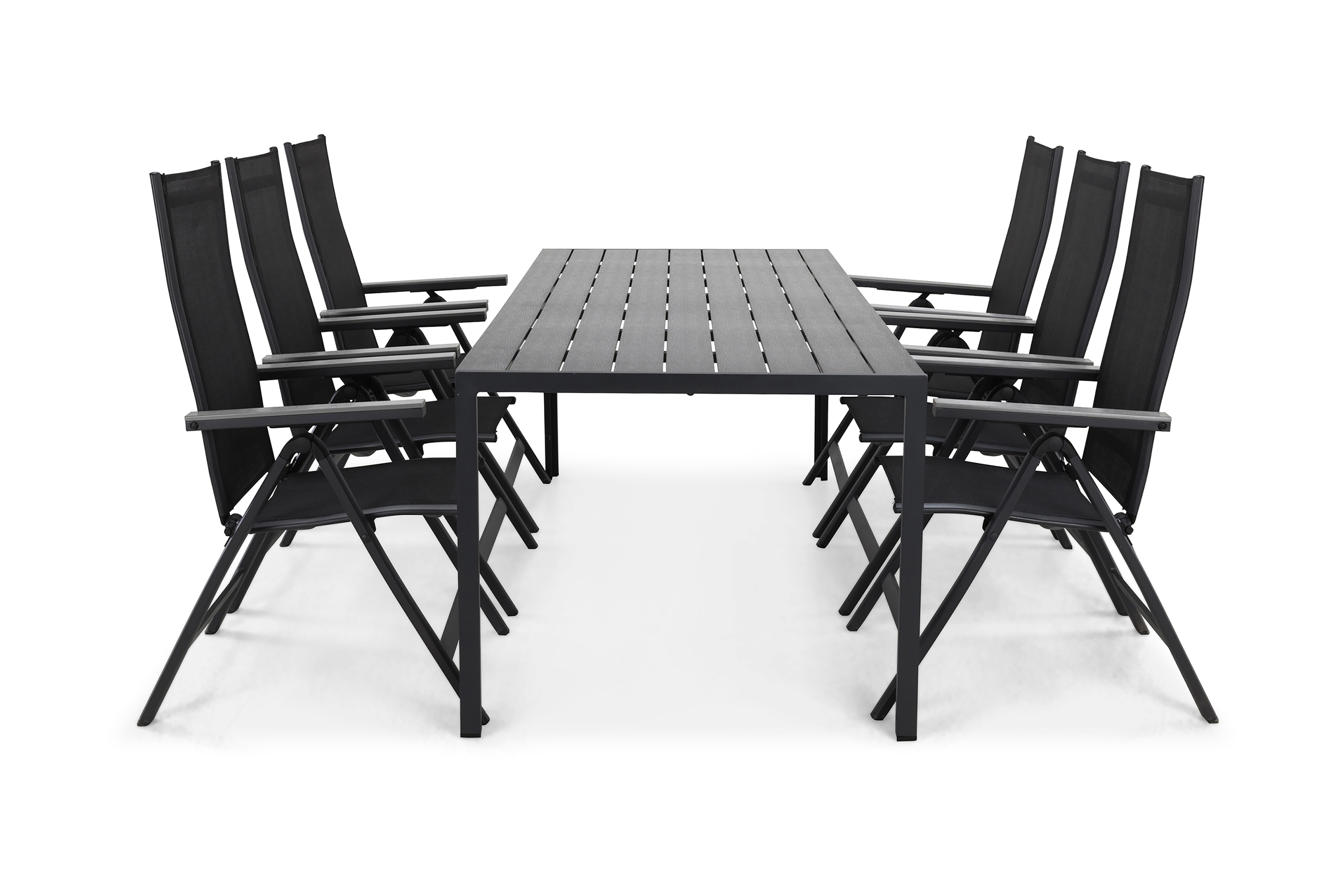 matgrupp utomhus tunis 205x90 cm + 6 monaco positionsstol - svart/grå