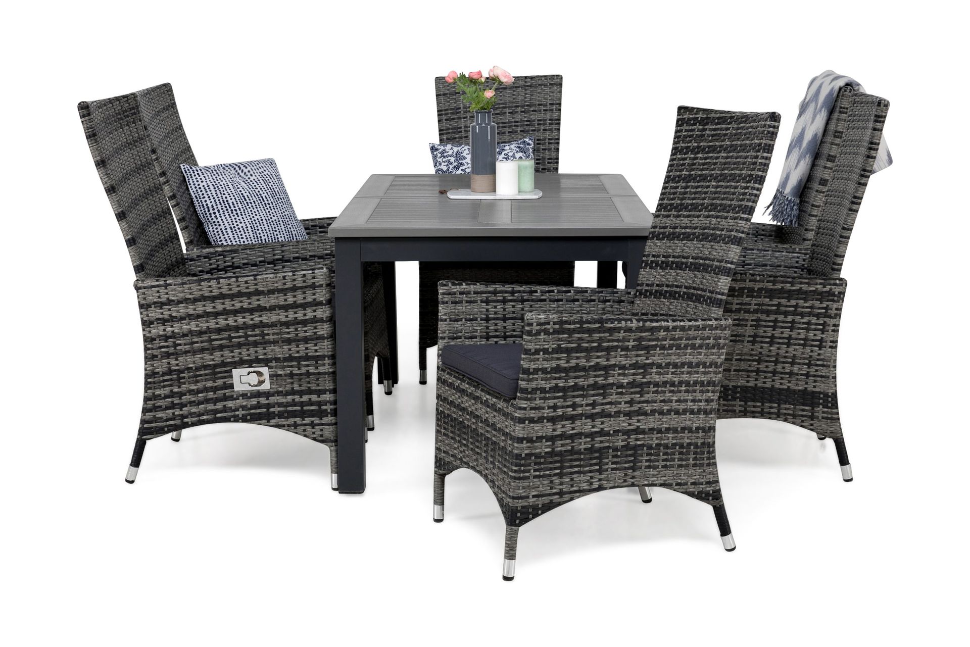 monaco matgrupp 152-210 + 6 jenny ställbar fåtölj m dyna - svart/grå