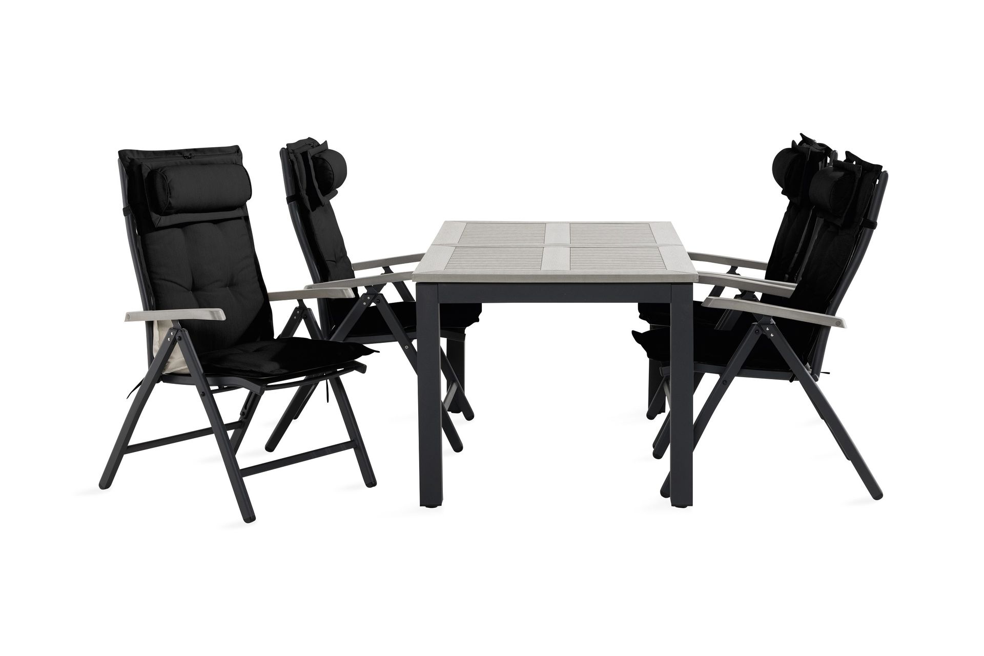 monaco matgrupp utomhus 90x152-210 + 4 positionsstolar m dyna - svart/grå