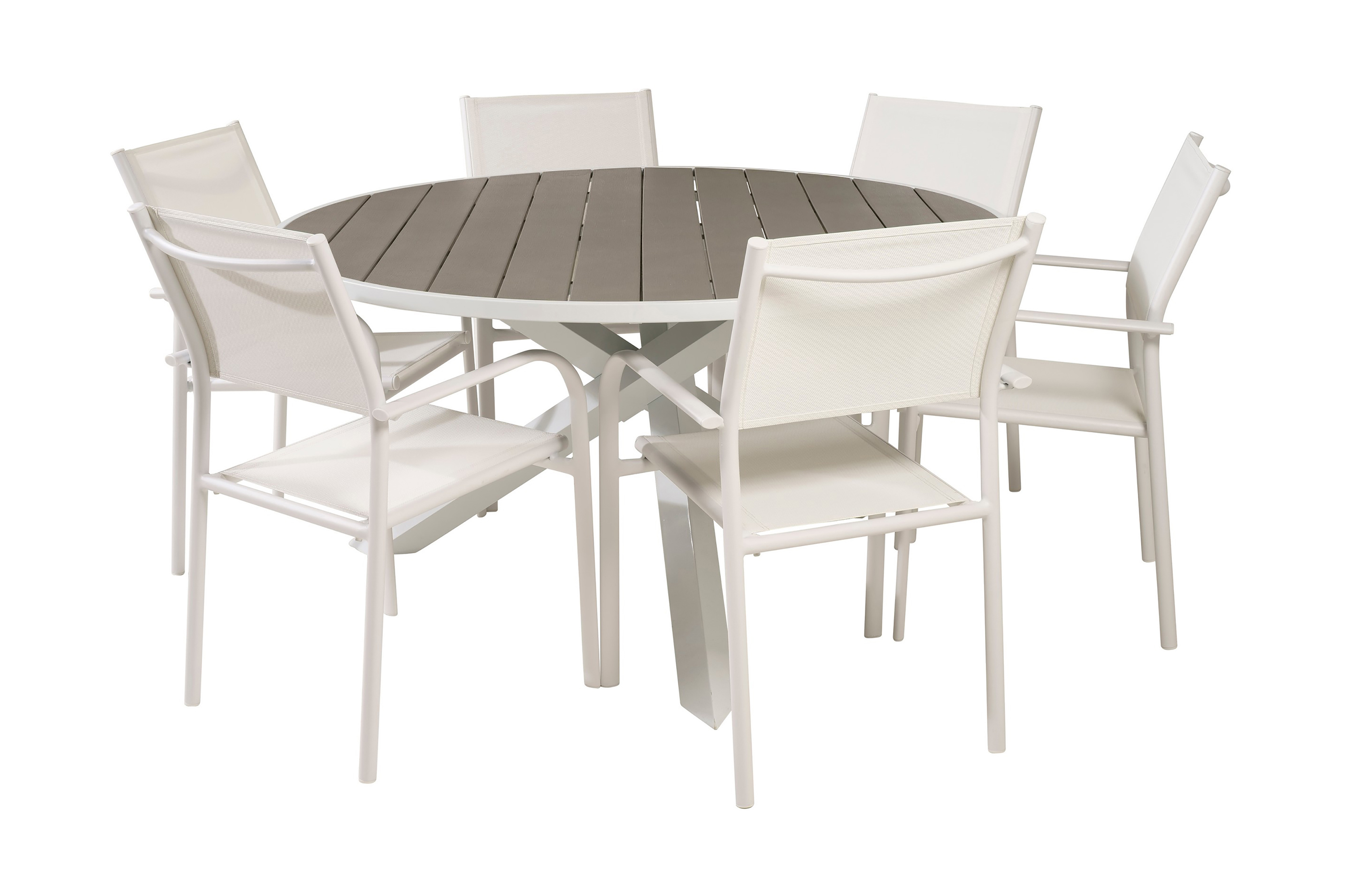 parma matgrupp utomhus rund ø140cm + 6 santorini karmstolar - vit
