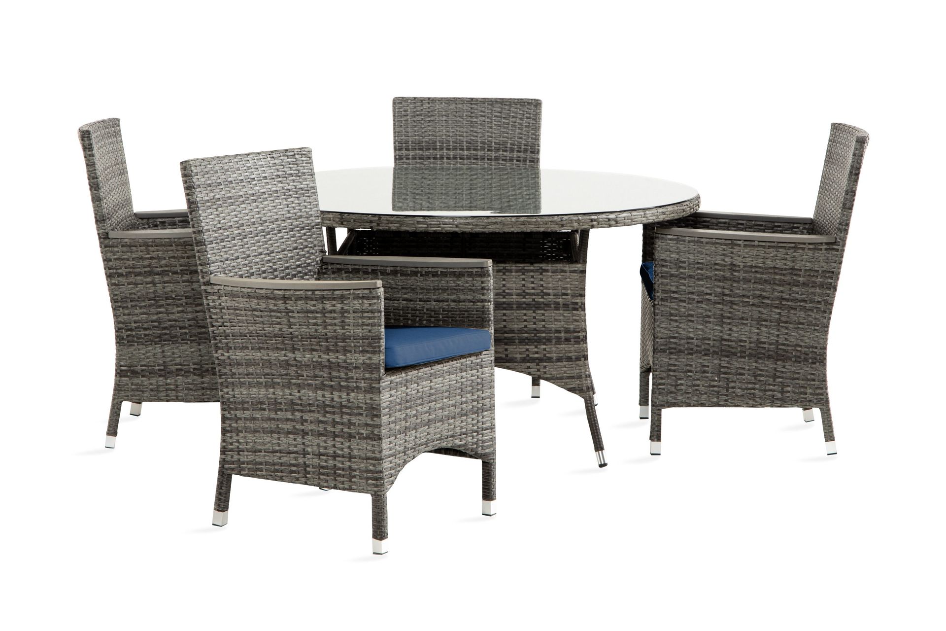 Thor Matgrupp Utomhus 140 Rund + 4 Thor Lyx Stol m Armledare m Dyna - Gr&aring;/Aintwood/Bl&aring;