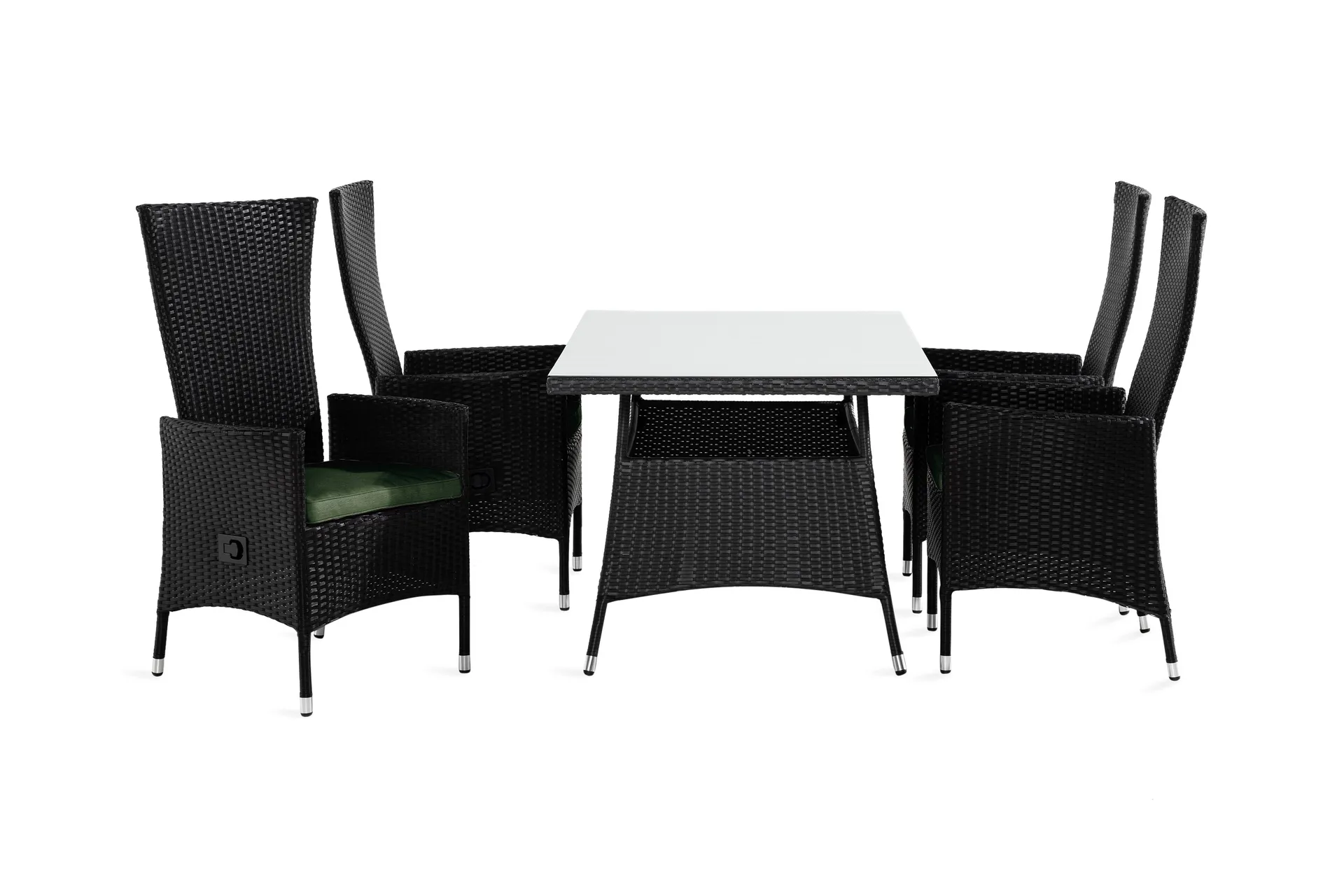 thor matgrupp utomhus 140x90 + 4 jenny fåtölj ställbar m dyna - svart/grön