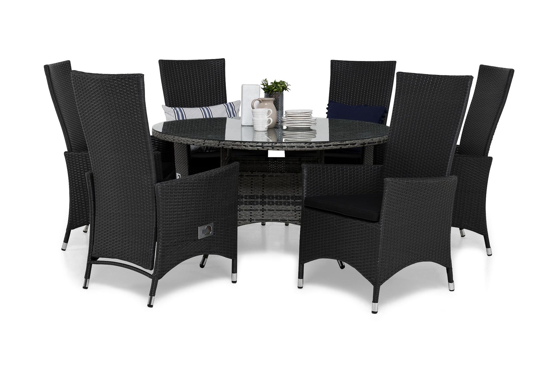 thor matgrupp utomhus ø140 + 6 jenny ställbar fåtölj m dyna - grå/svart
