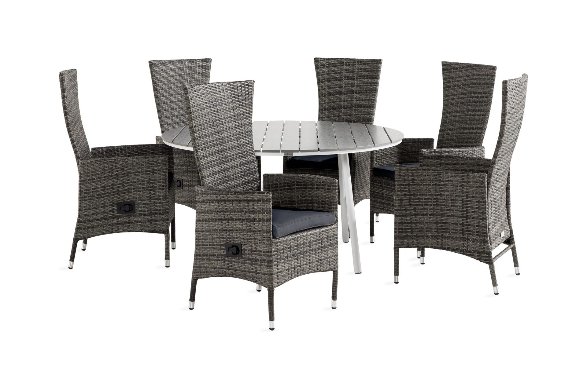 tunis matgrupp utomhus 140 rund + 6 jenny fåtölj ställbar m dyna - vit/grå