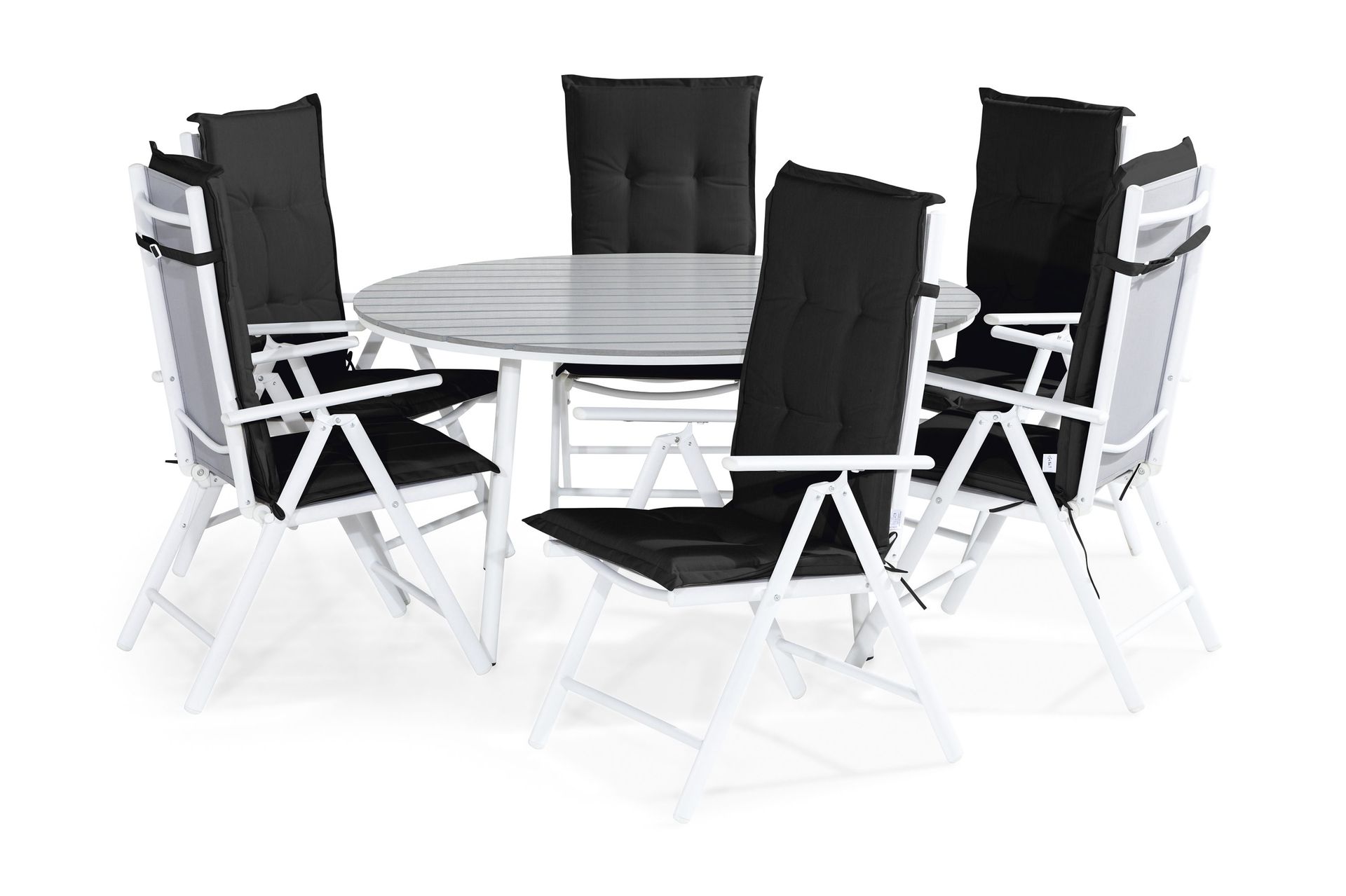 tunis matgrupp utomhus 140 rund + 6 maggie positionsstol m dyna - vit/grå/svart