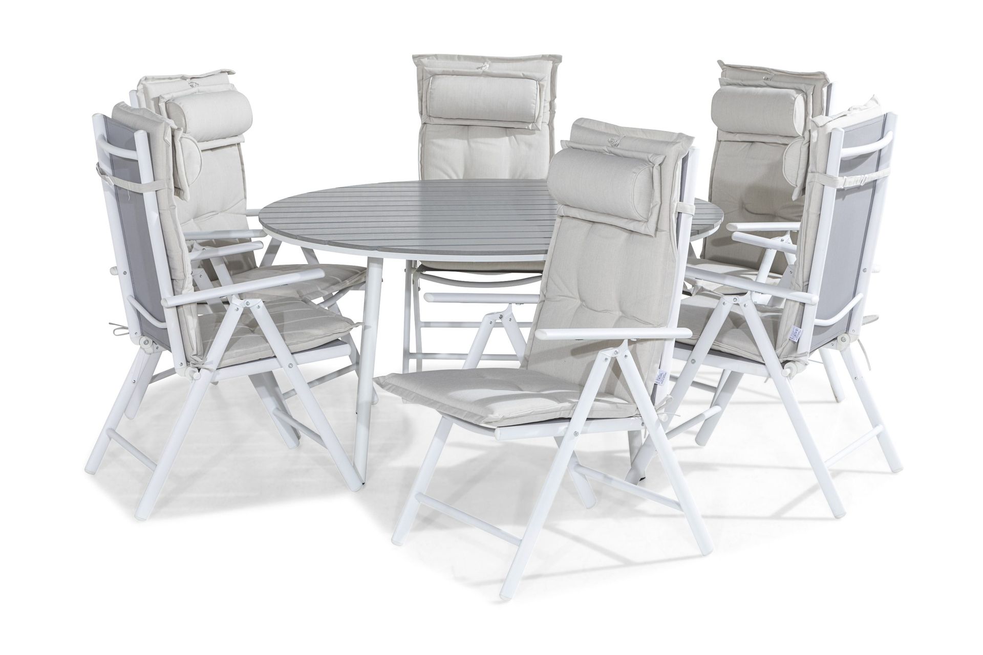 Tunis Matgrupp Utomhus 140 Rund + 6 Maggie Positionsstol m Dyna - Vit/Gr&aring;/Offwhite