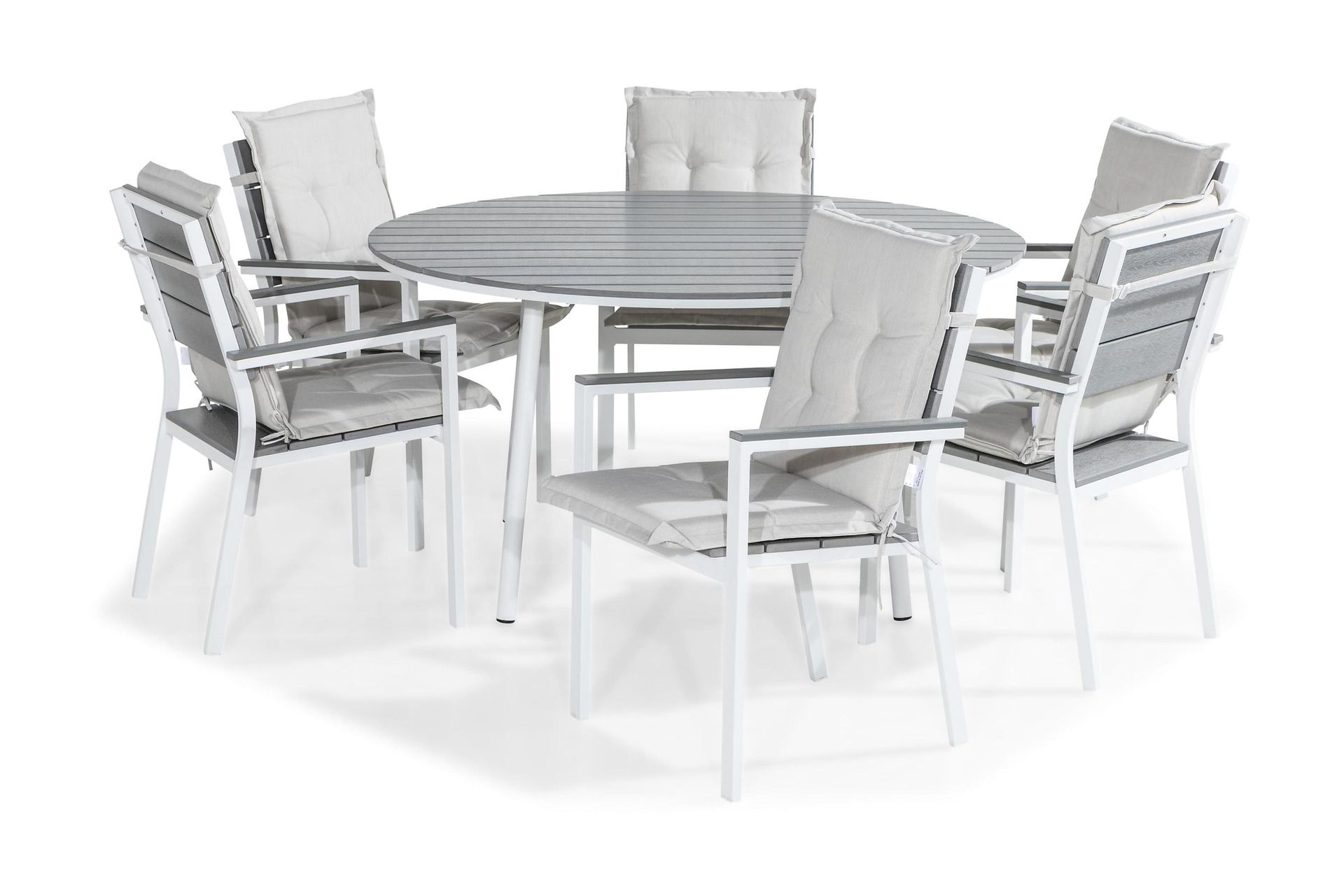 tunis matgrupp utomhus 140 rund + 6 tunis stapelstol m dyna - vit/grå/offwhite