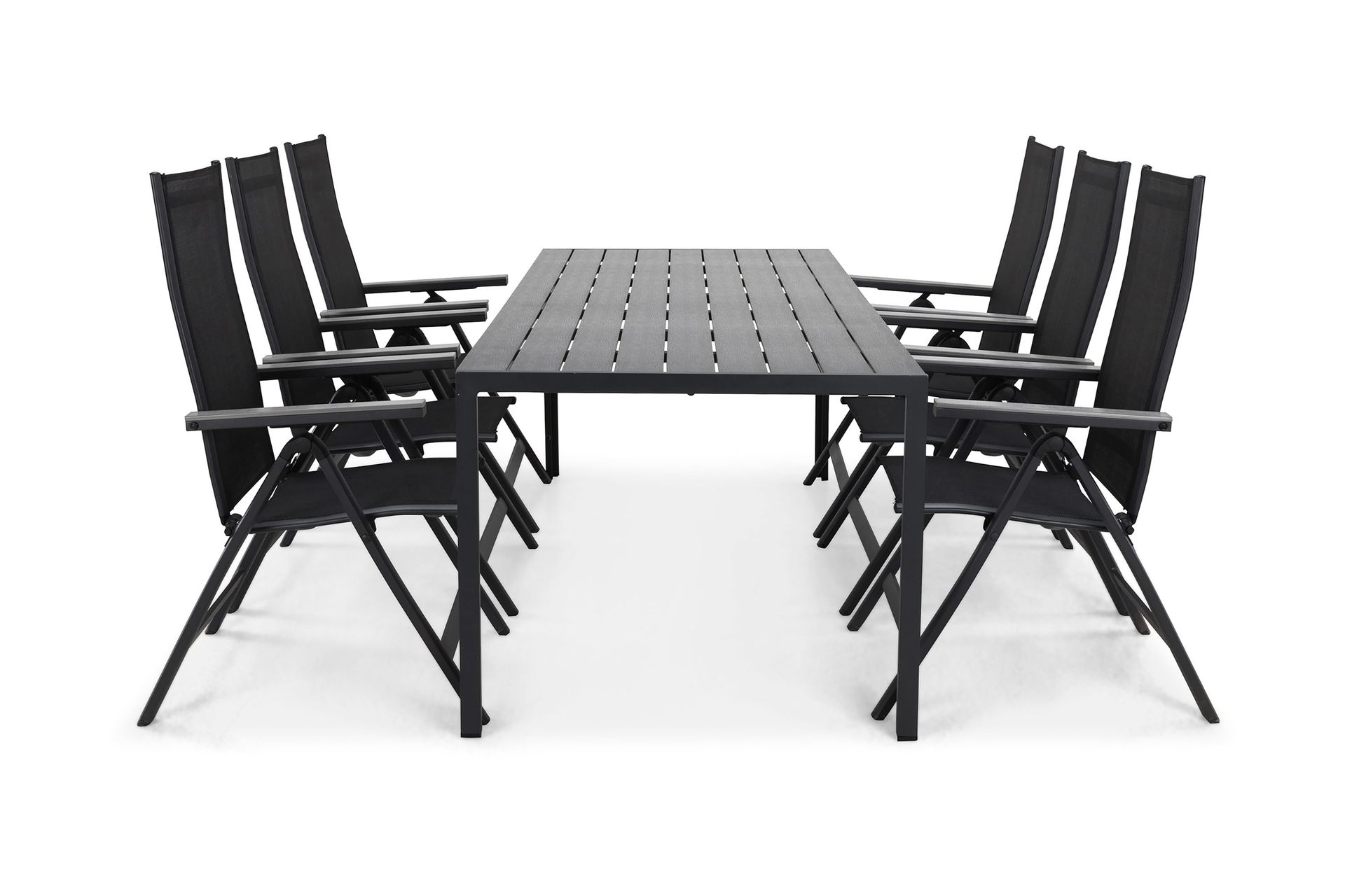 tunis matgrupp utomhus 205x90 cm + 6 monaco positionsstol - svart/grå