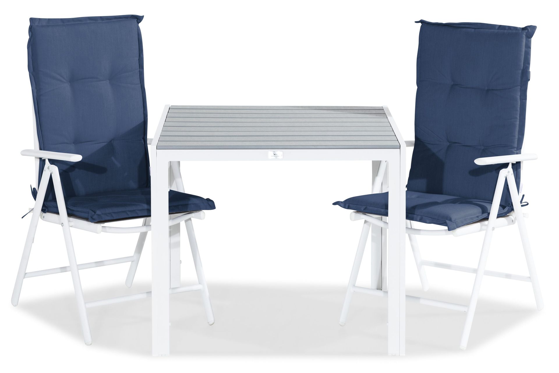 tunis matgrupp utomhus 90x90 + 2 maggie positionsstol m dyna - vit/grå/blå