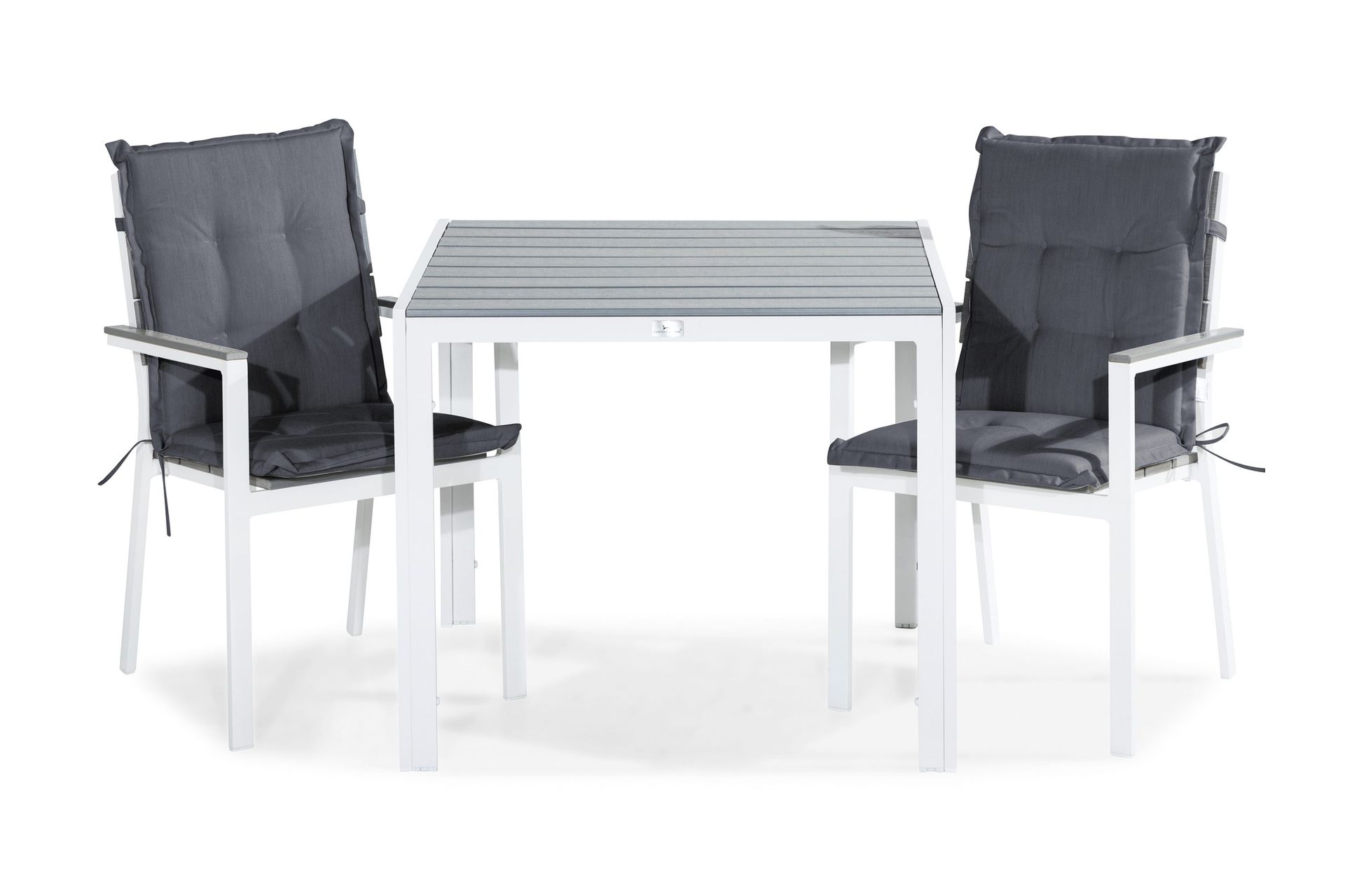 tunis matgrupp utomhus 90x90 + 2 stapelstolar m dyna - vit/grå