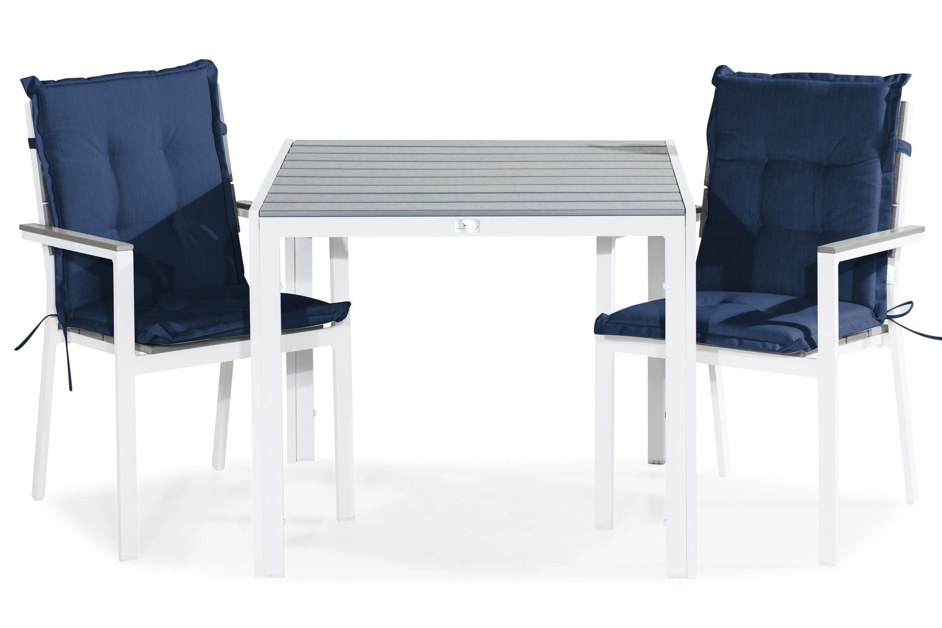 tunis matgrupp utomhus 90x90 + 2 stapelstolar m dyna - vit/grå/blå