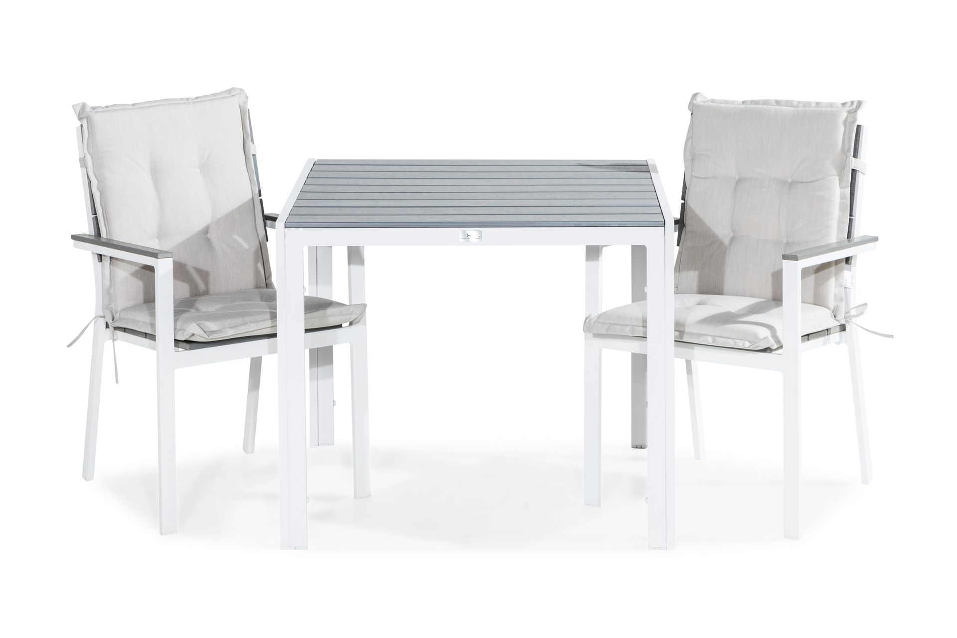 Tunis Matgrupp Utomhus 90x90 + 2 Tunis Stapelstol m Dyna - Vit/Gr&aring;/Offwhite