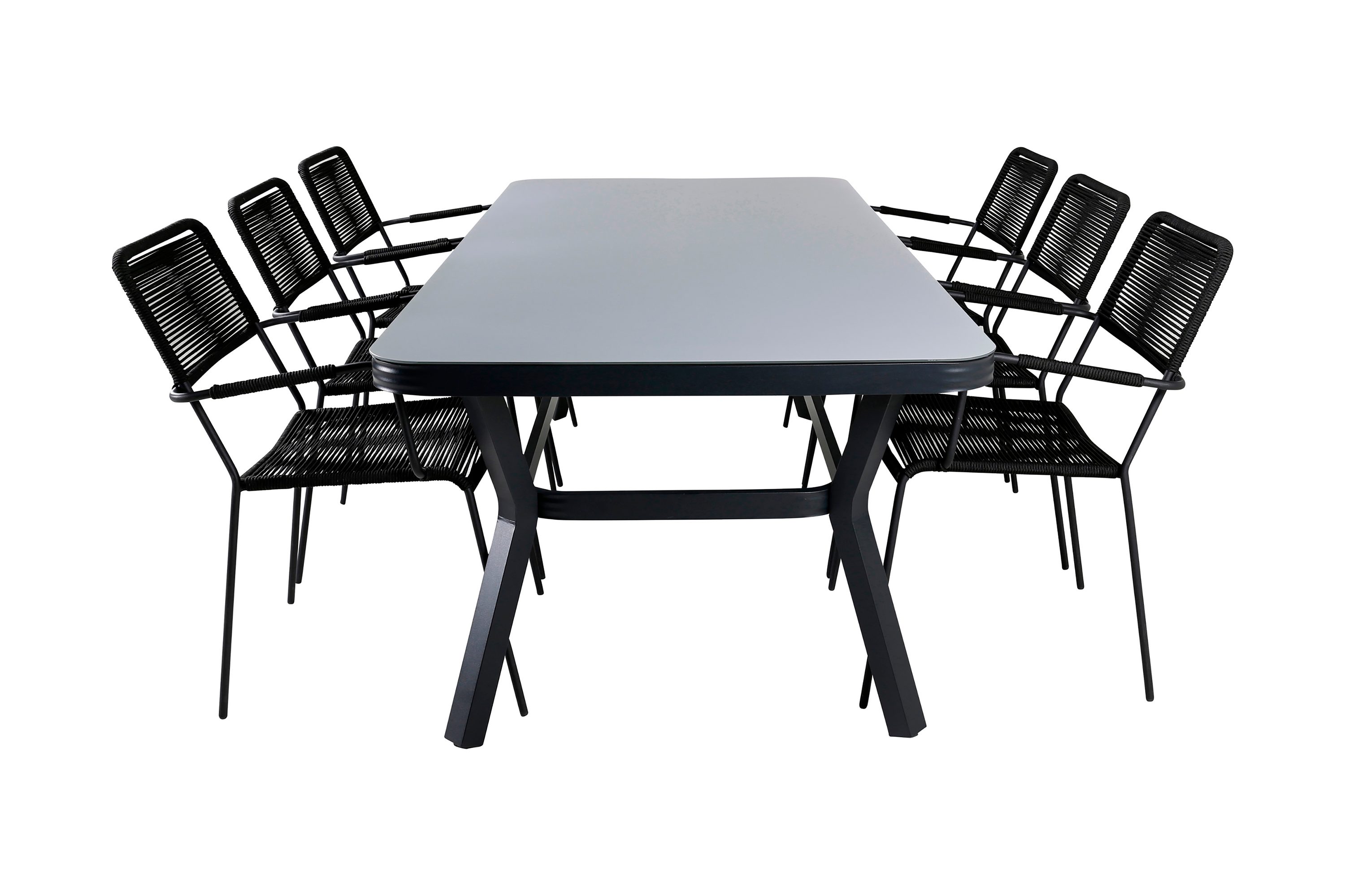 virya matgrupp utomhus 200cm + 6 lindos karmstolar - svart/grå
