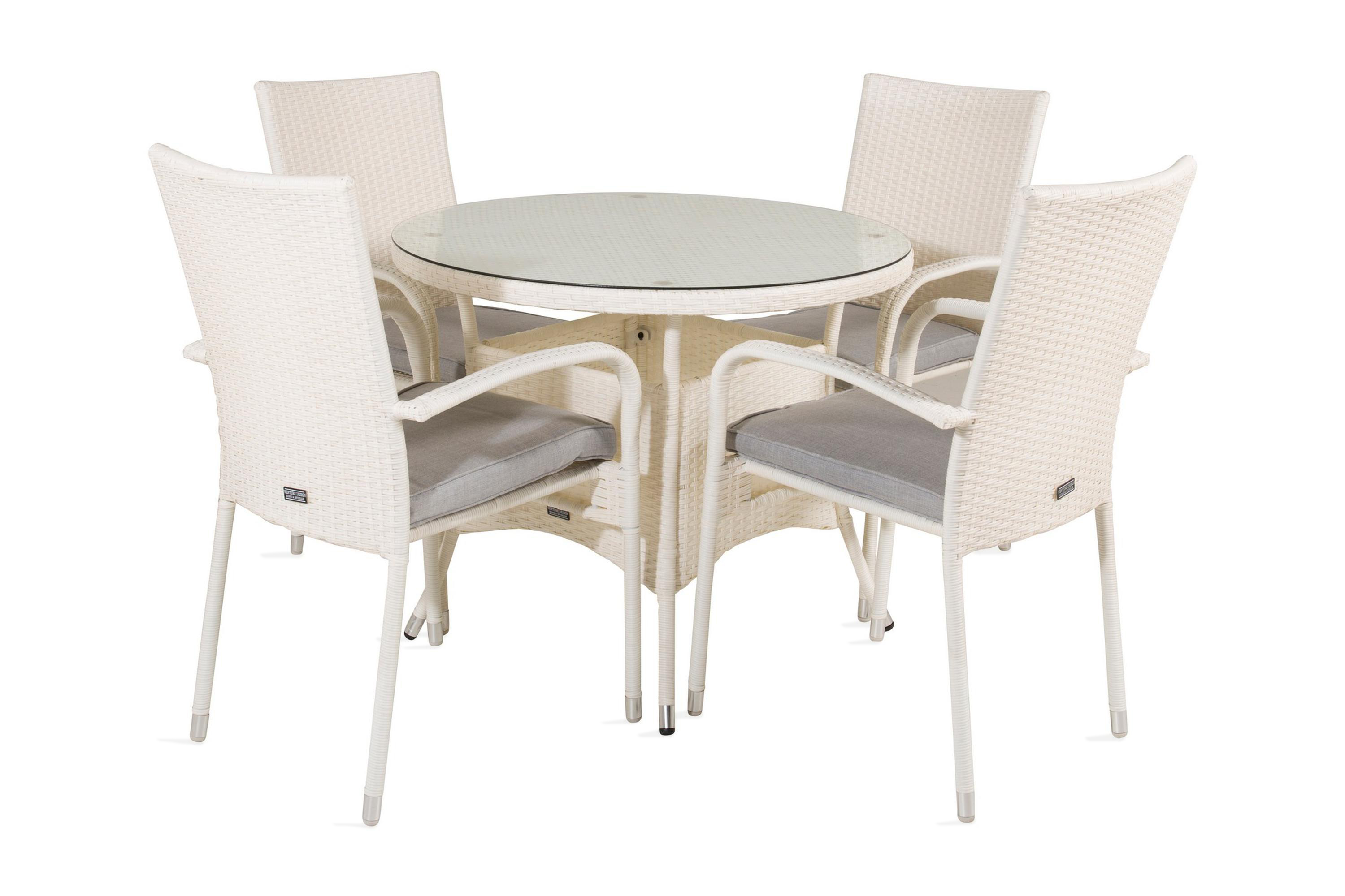 volta matgrupp utomhus rund ø90cm + 4 anna karmstolar - glas/vit