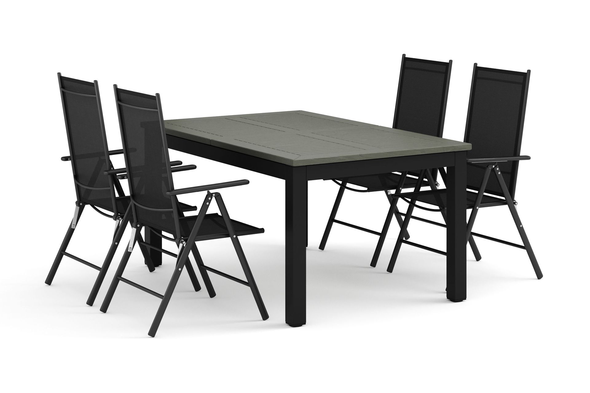 Monaco utomhus matgrupp f&ouml;rl&auml;ngningsbart 150-250x90 med 4 Maggie positionsstolar - Svart/Gr&aring;
