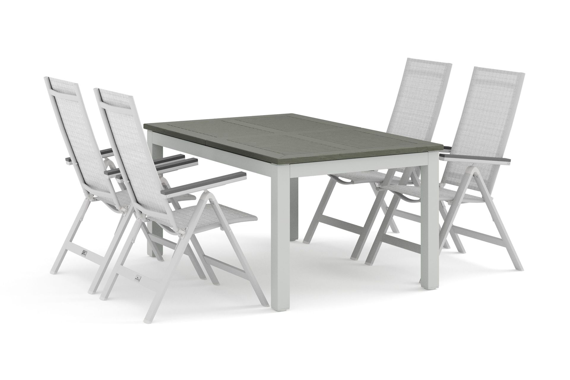 Monaco utomhus matgrupp f&ouml;rl&auml;ngningsbart 150-250x90 med 4 Monaco Light positionsstolar - Vit/Gr&aring;