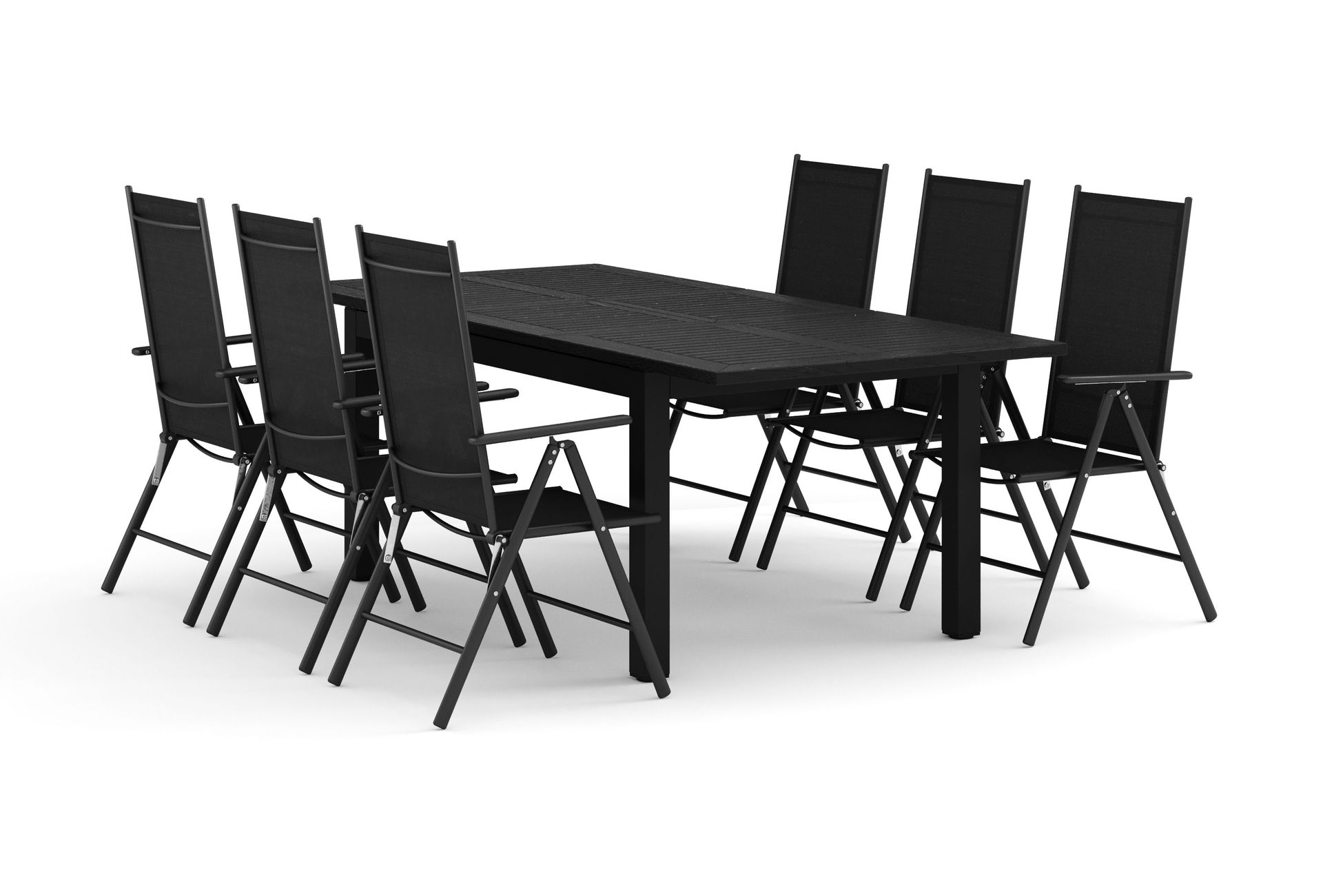 Monaco utomhus matgrupp f&ouml;rl&auml;ngningsbart 150-250x90 med 6 Maggie positionsstolar - Svart/Gr&aring;