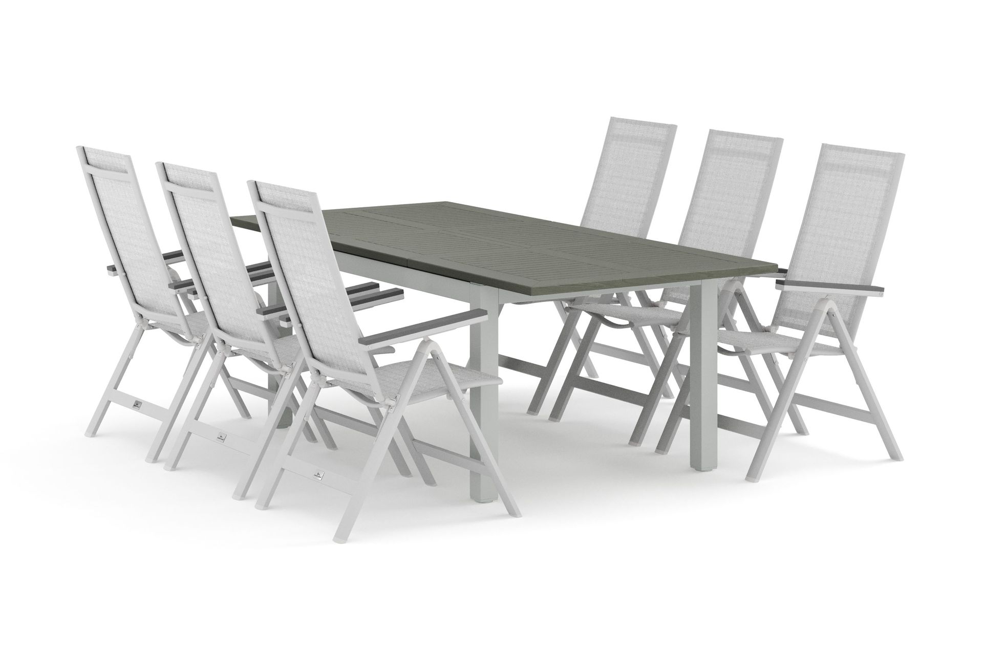 Monaco utomhus matgrupp f&ouml;rl&auml;ngningsbart 150-250x90 med 6 Monaco Light positionsstolar - Vit/Gr&aring;