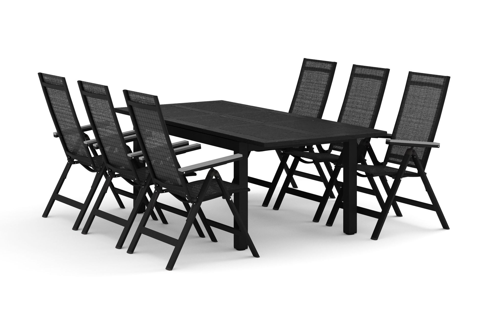 Monaco utomhus matgrupp f&ouml;rl&auml;ngningsbart 150-250x90 med 6 Monaco Light positionsstolar - Svart/Gr&aring;