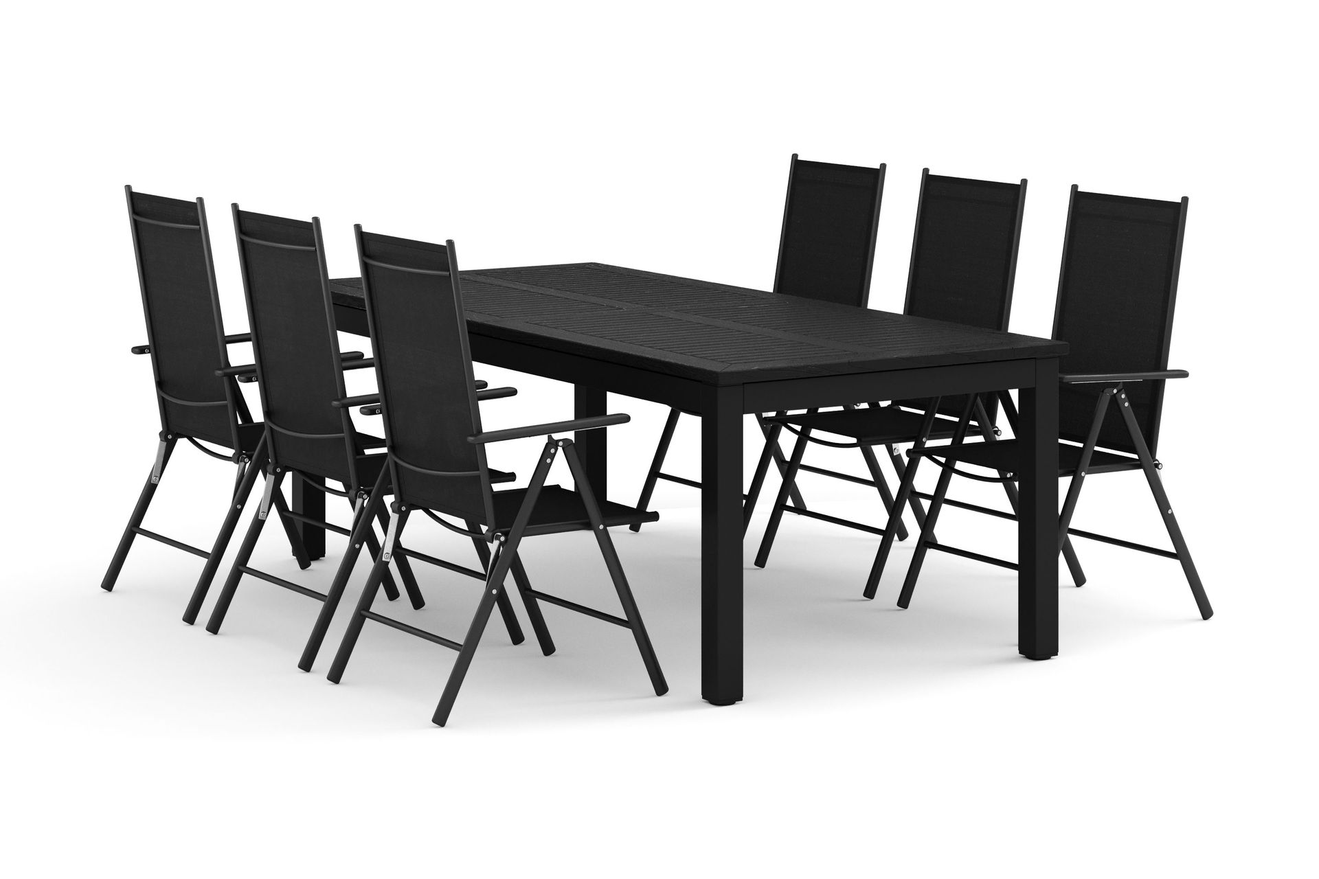 Monaco utomhus matgrupp f&ouml;rl&auml;ngningsbart 210/310x90 med 6 Maggie positionsstolar - Svart/Gr&aring;