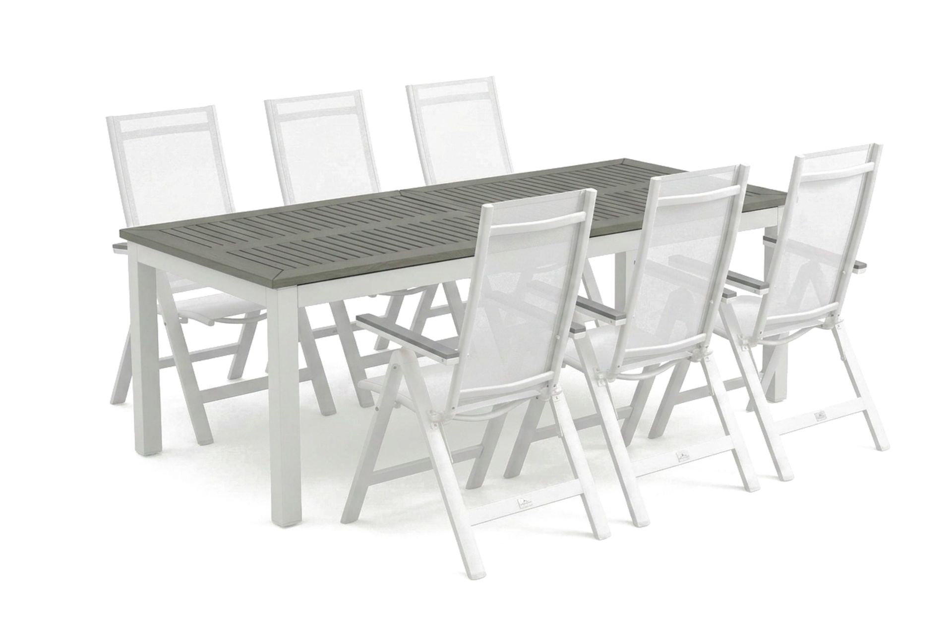 Monaco utomhus matgrupp f&ouml;rl&auml;ngningsbart 210/310x90 med 6 Monaco Light positionsstolar - Vit/Gr&aring;