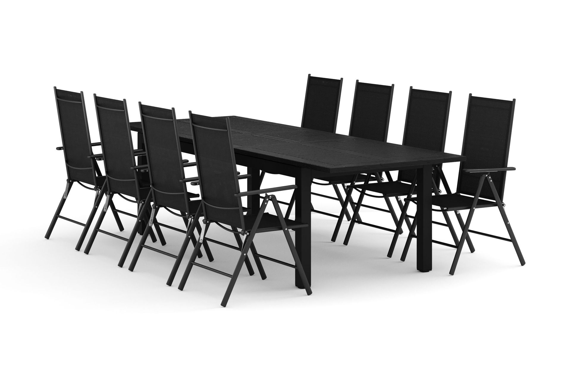 Monaco utomhus matgrupp f&ouml;rl&auml;ngningsbart 210/310x90 med 8 Maggie positionsstolar - Svart/Gr&aring;