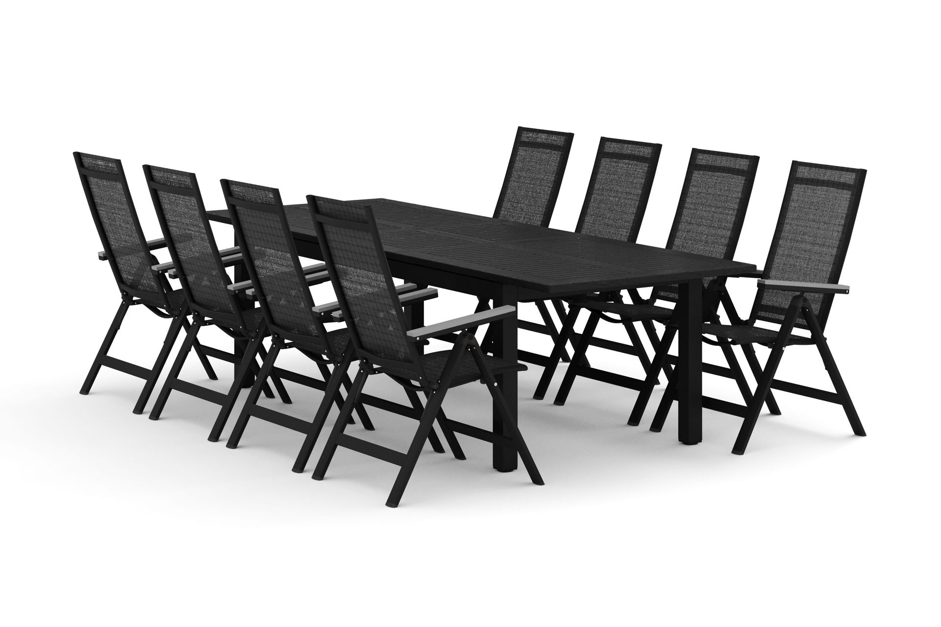Monaco utomhus matgrupp f&ouml;rl&auml;ngningsbart 210/310x90 med 8 Monaco Light positionsstolar - Svart/Gr&aring;