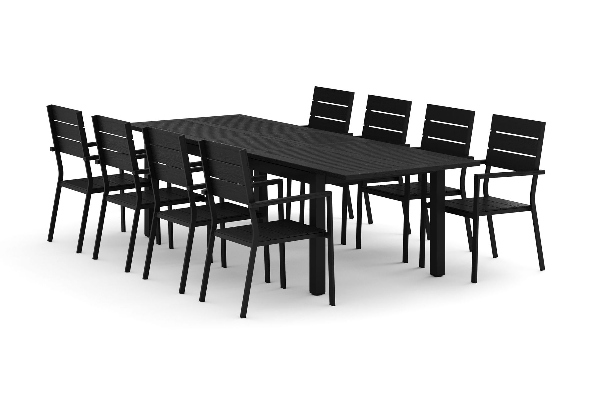 Monaco utomhus matgrupp f&ouml;rl&auml;ngningsbart 210/310x90 med 8 Tunis stapelstolar - Svart/Gr&aring;