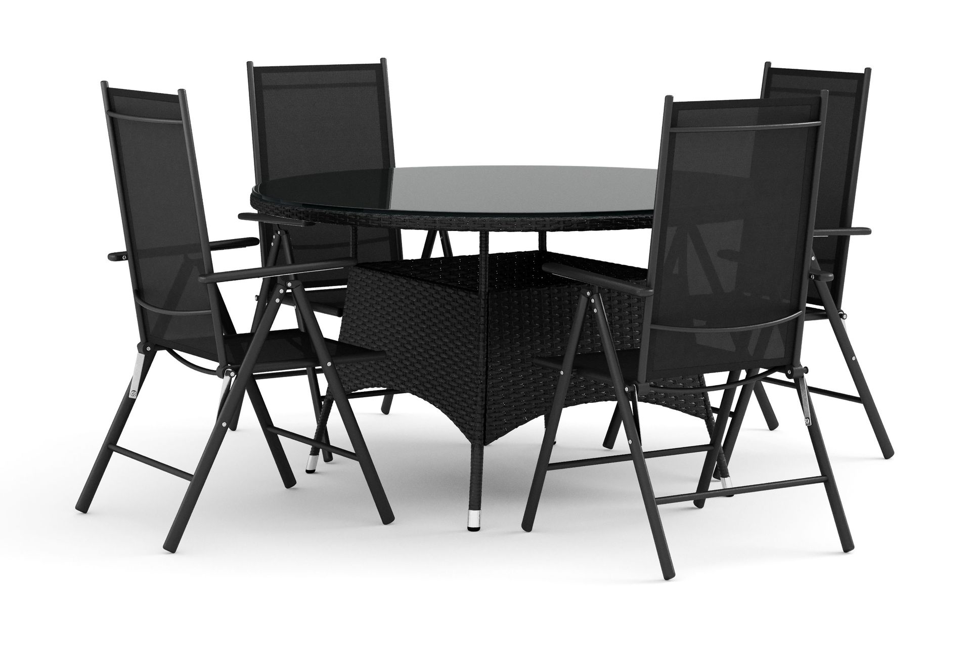 Thor utomhus rund matgrupp 140 cm med 4 Maggie positionsstolar - Svart