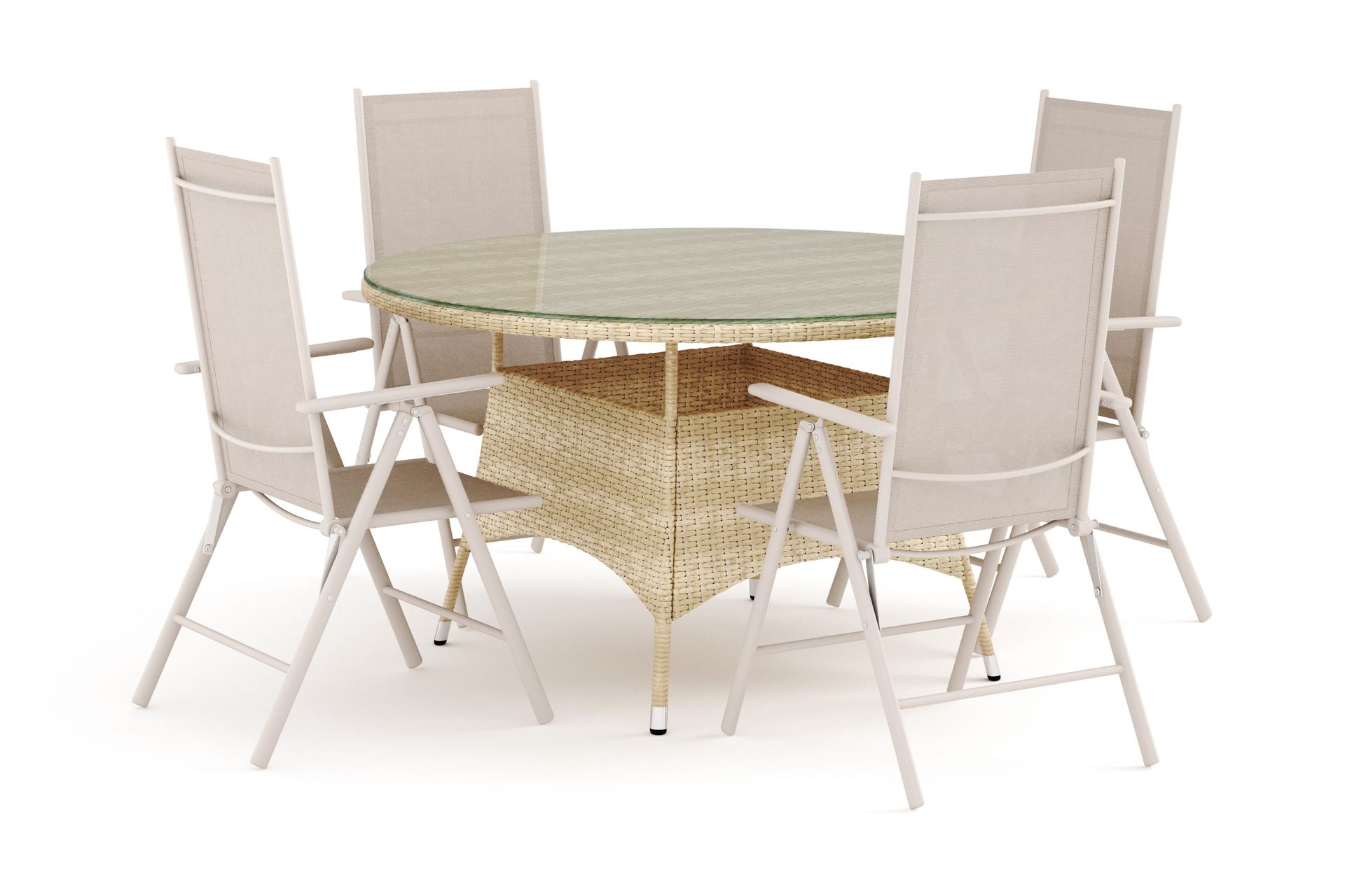Thor utomhus rund matgrupp 140 cm med 4 Maggie positionsstolar - Beige