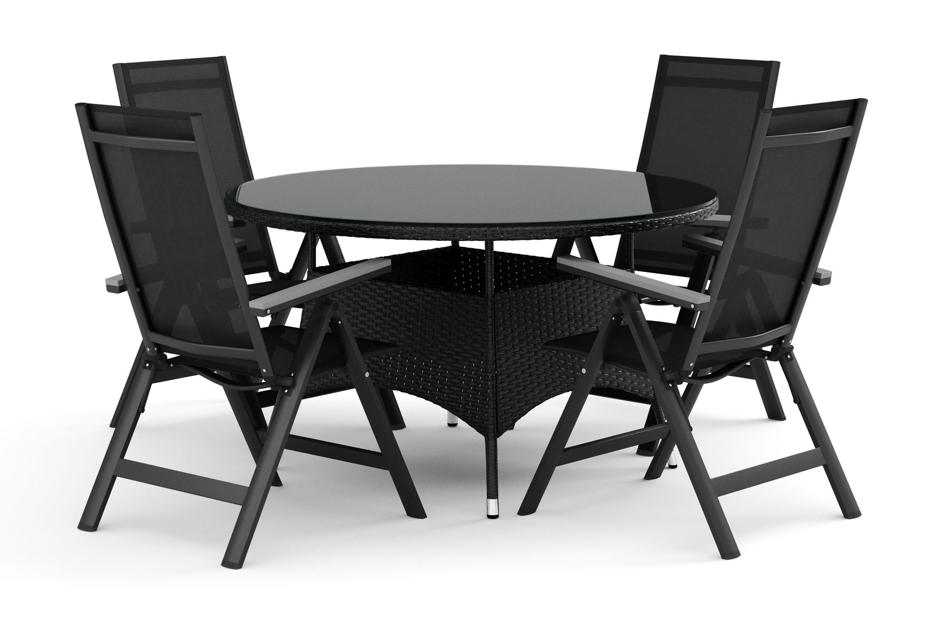 Thor utomhus rund matgrupp 140 cm med 4 Monaco Light positionsstolar - Svart