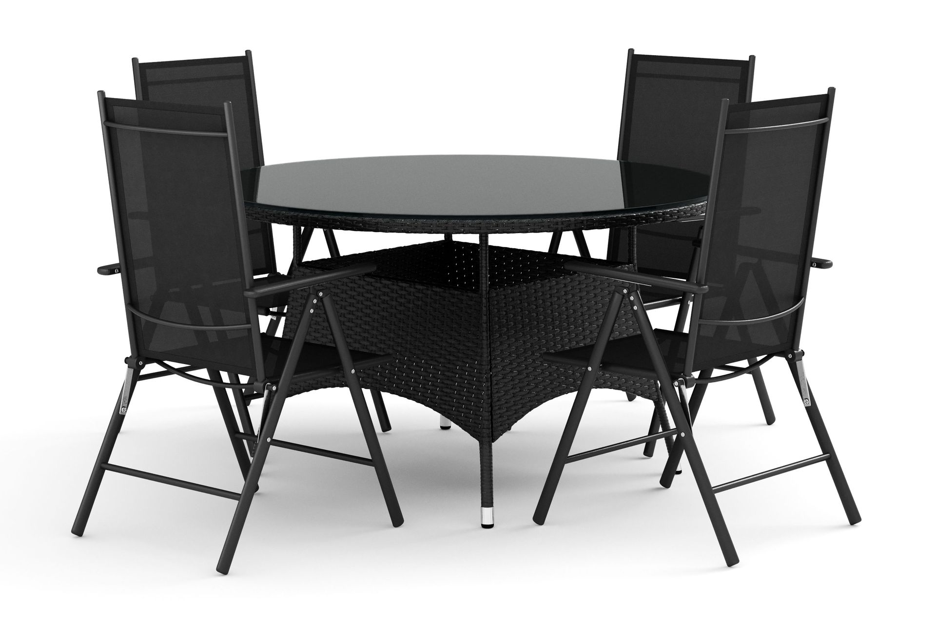 Thor utomhus rund matgrupp 140 cm med 4 positionsstolar - Svart