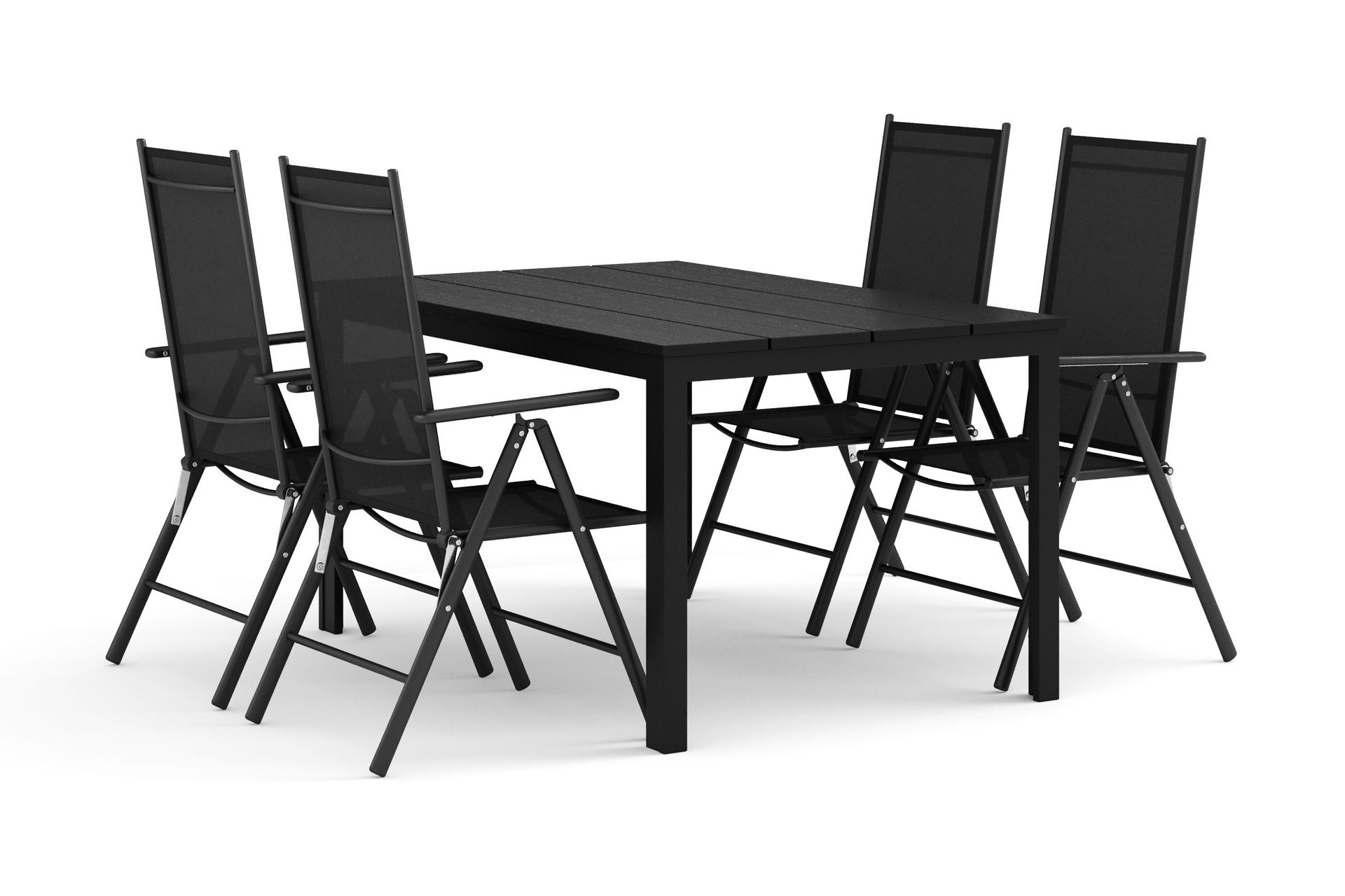 Tunis utomhus matgrupp 140x90 cm med 4 Maggie positionsstolar - Svart/Svart