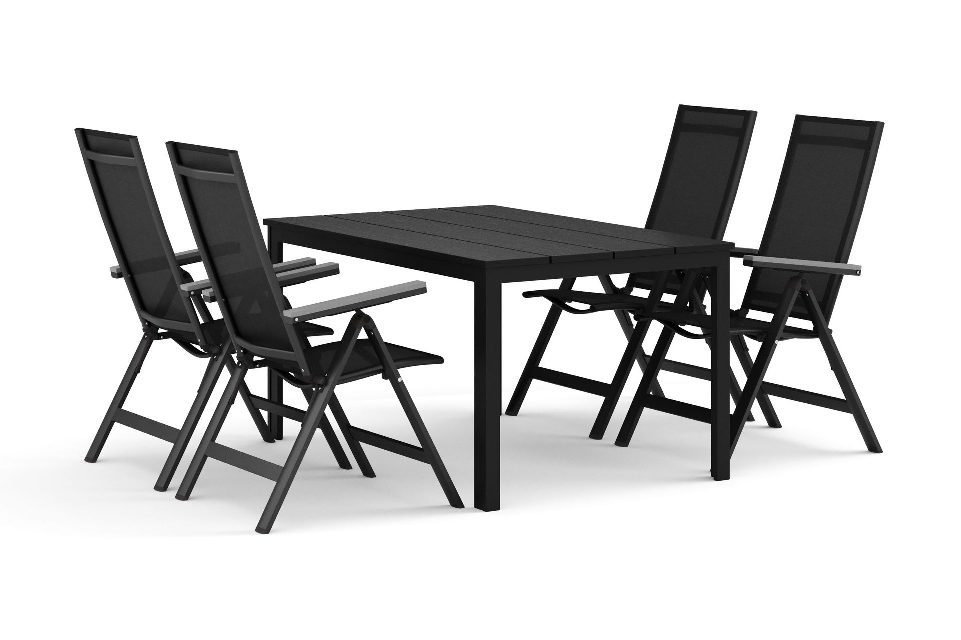 Tunis utomhus matgrupp 140x90 cm med 4 Monaco Light positionsstolar - Svart/Svart