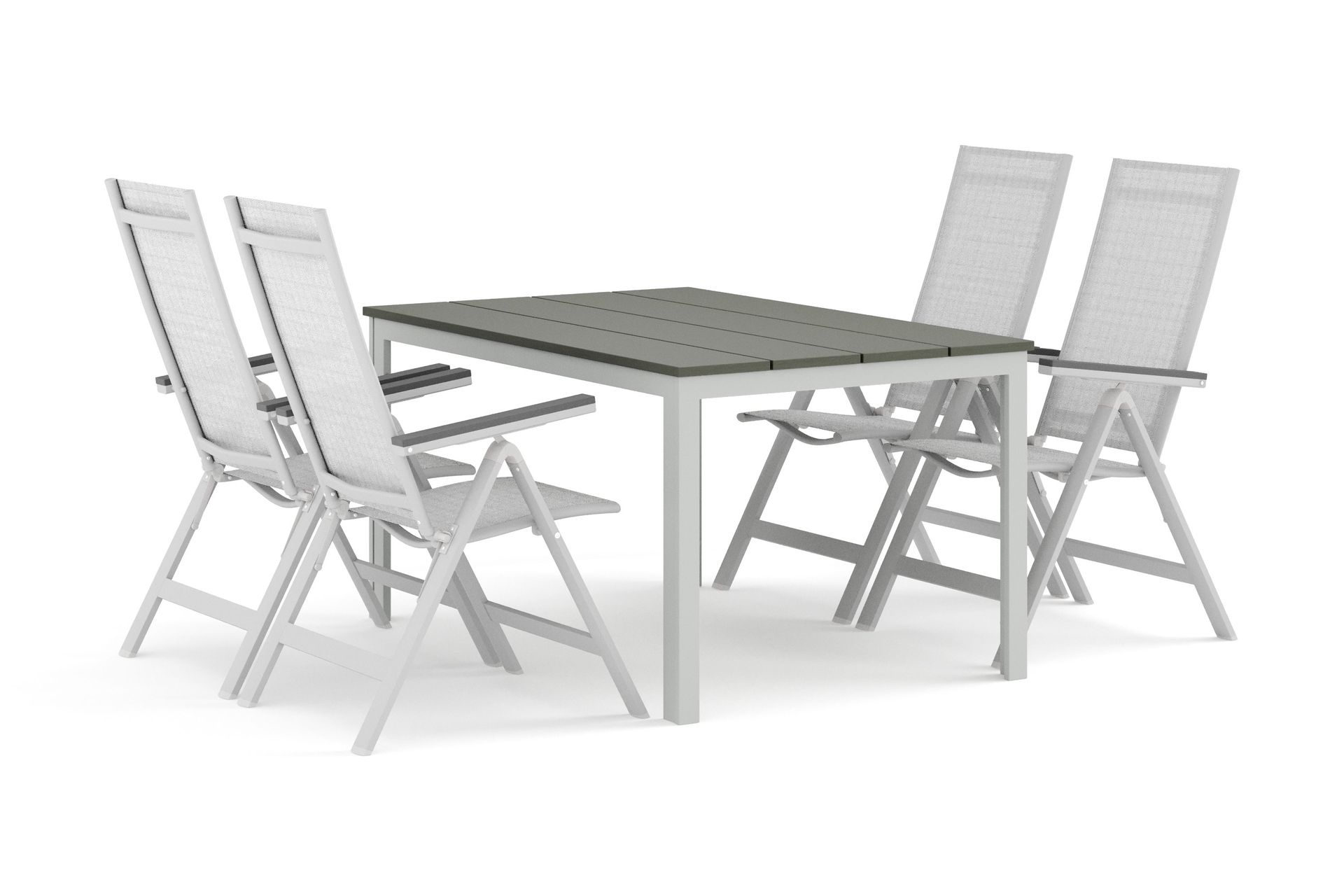 Tunis utomhus matgrupp 140x90 cm med 4 Monaco Light positionsstolar - Vit/Gr&aring;